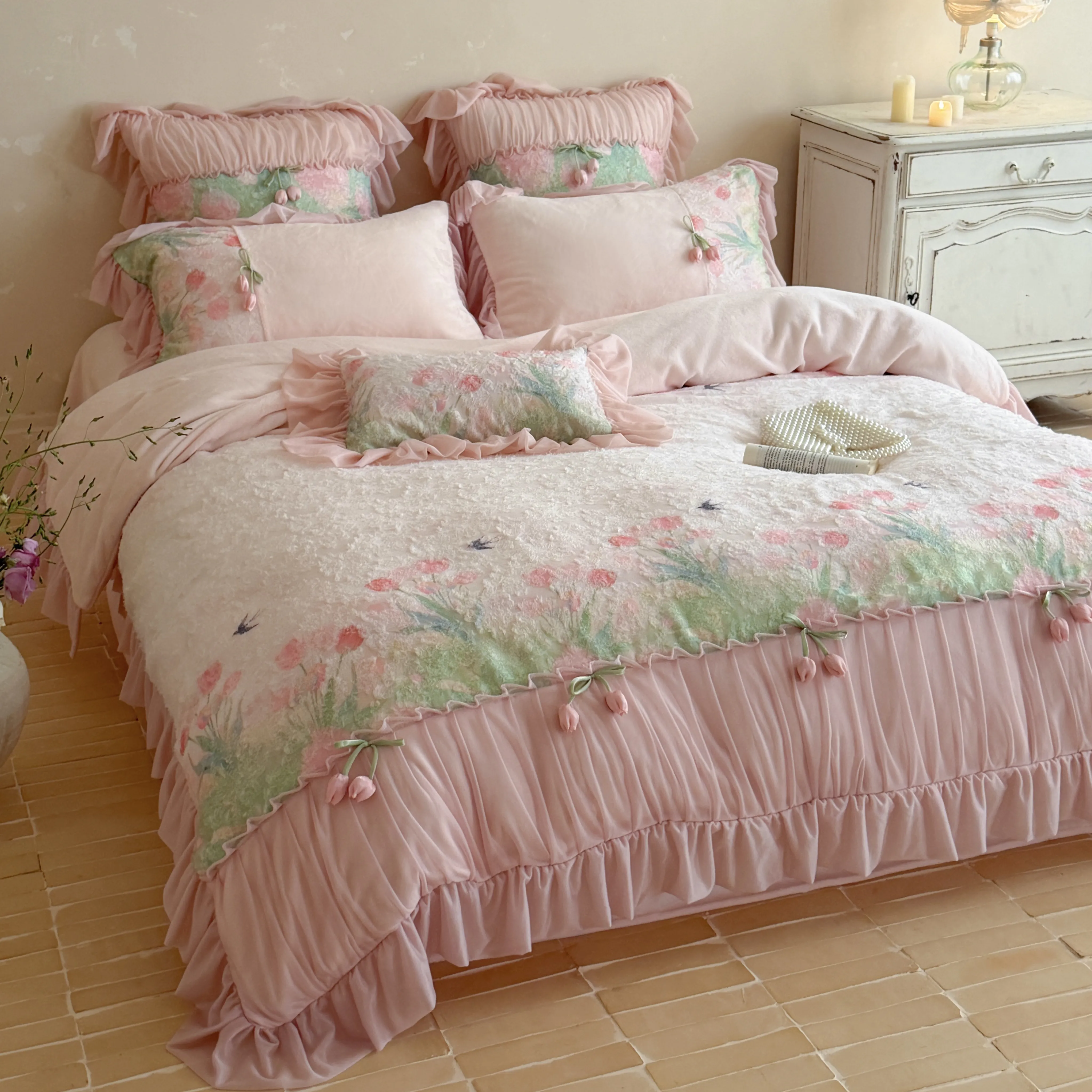 Romantic Blush Pink 3D Tulip Thick Warm Milk Velvet 4-Piece Bedding Set03 Romantic Blush Pink 3D Tulip Thick Warm Milk Velvet 4 Piece Bedding Set03