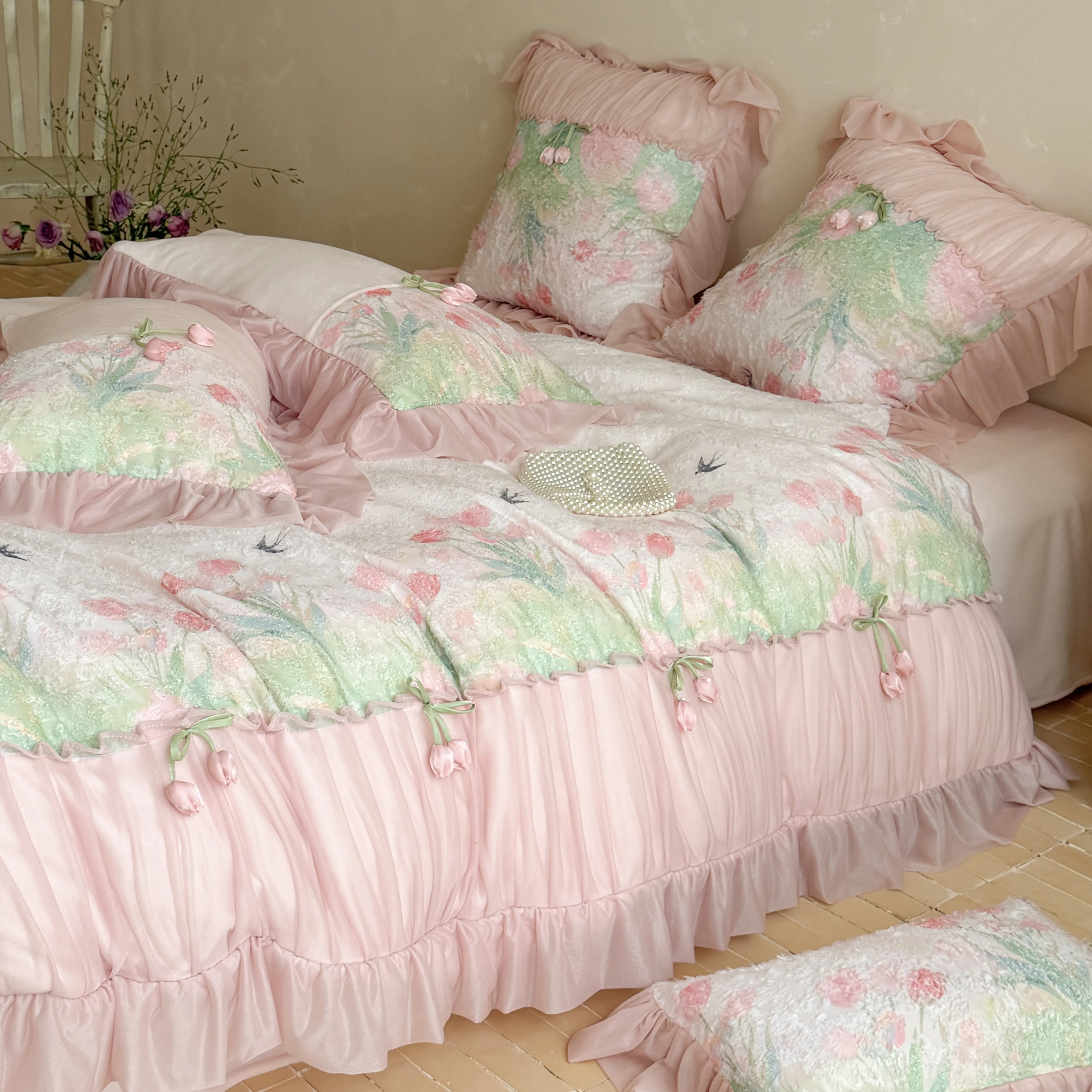 Romantic Blush Pink 3D Tulip Thick Warm Milk Velvet 4-Piece Bedding Set04 Romantic Blush Pink 3D Tulip Thick Warm Milk Velvet 4 Piece Bedding Set04