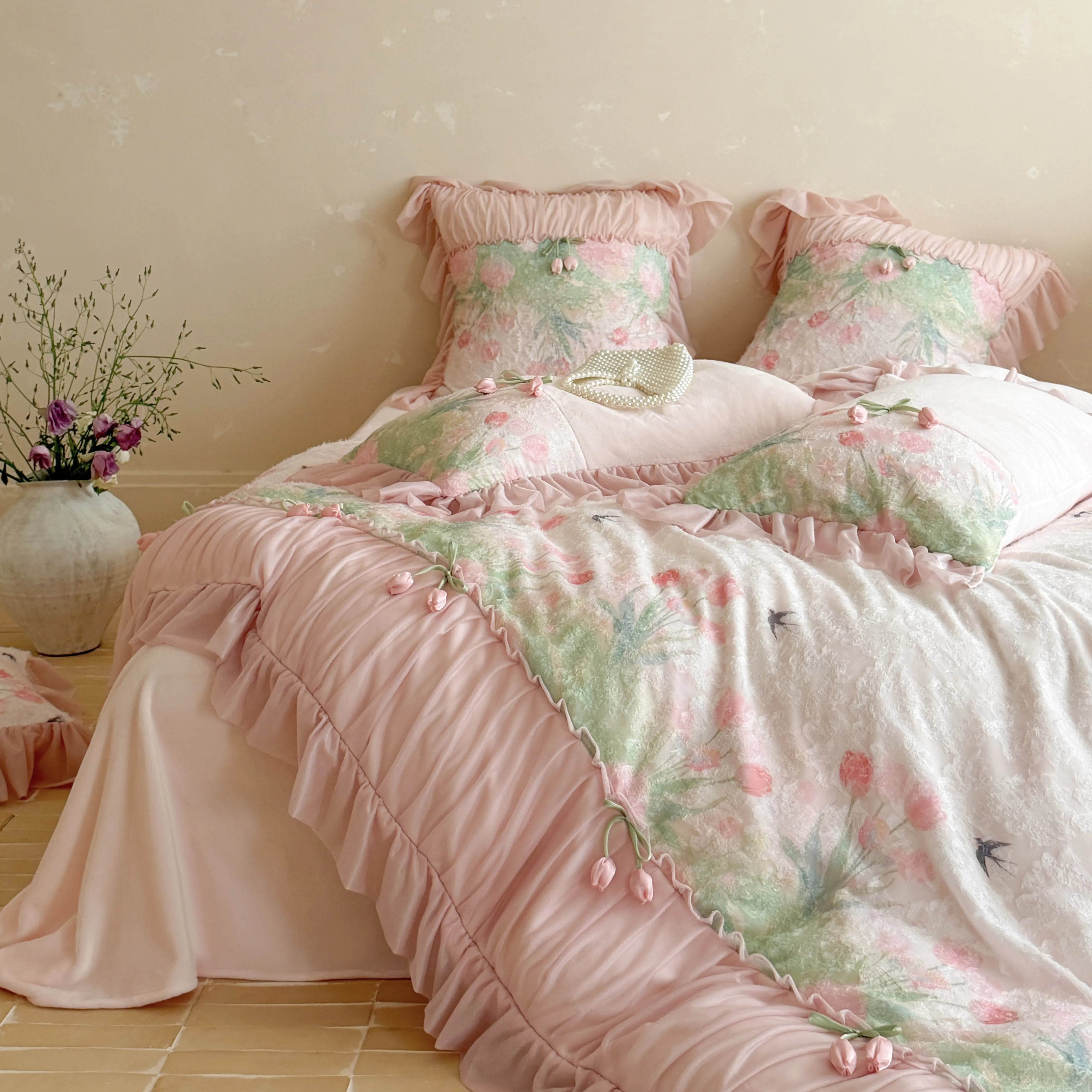 Romantic Blush Pink 3D Tulip Thick Warm Milk Velvet 4-Piece Bedding Set05 Romantic Blush Pink 3D Tulip Thick Warm Milk Velvet 4 Piece Bedding Set05