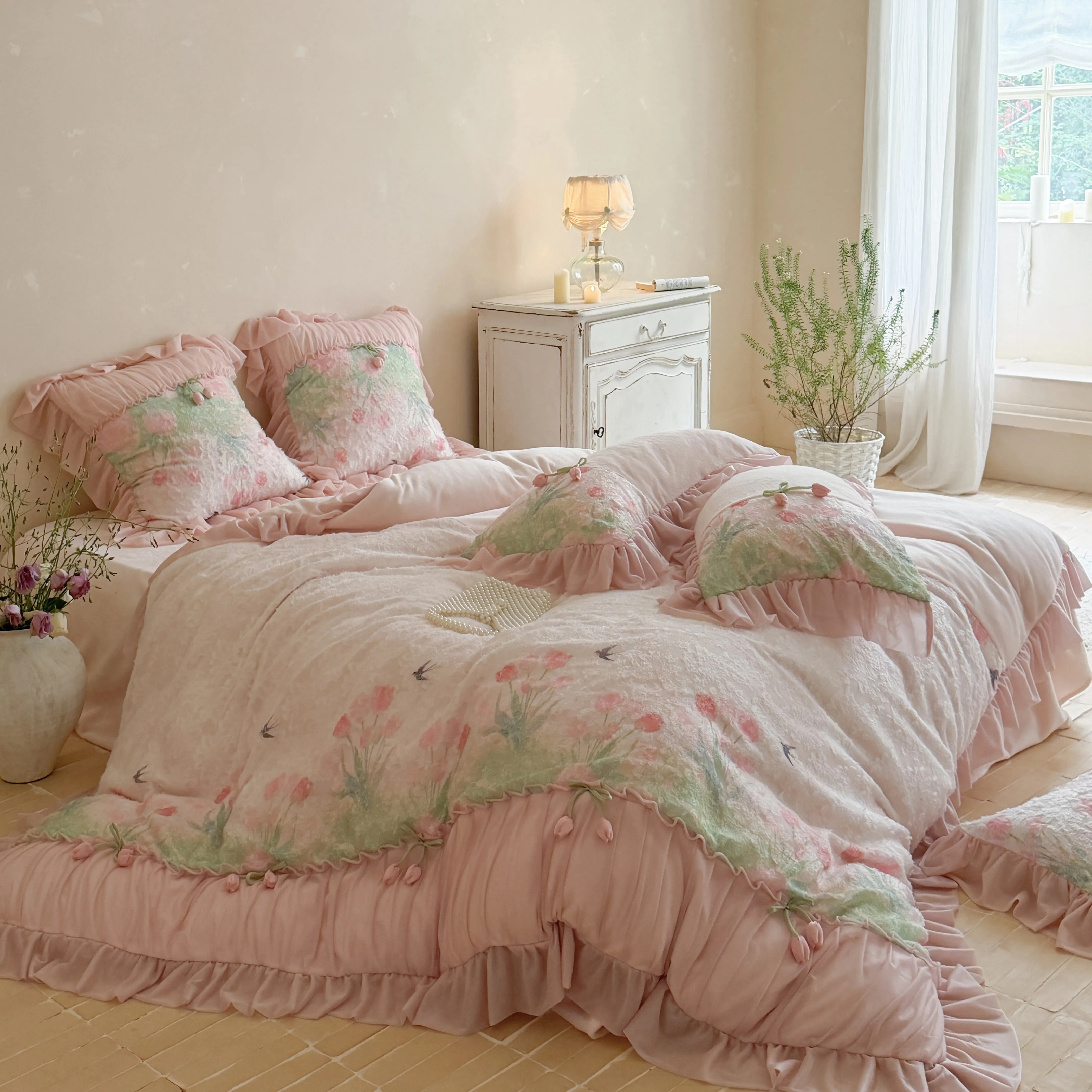 Romantic Blush Pink 3D Tulip Thick Warm Milk Velvet 4-Piece Bedding Set06 Romantic Blush Pink 3D Tulip Thick Warm Milk Velvet 4 Piece Bedding Set06