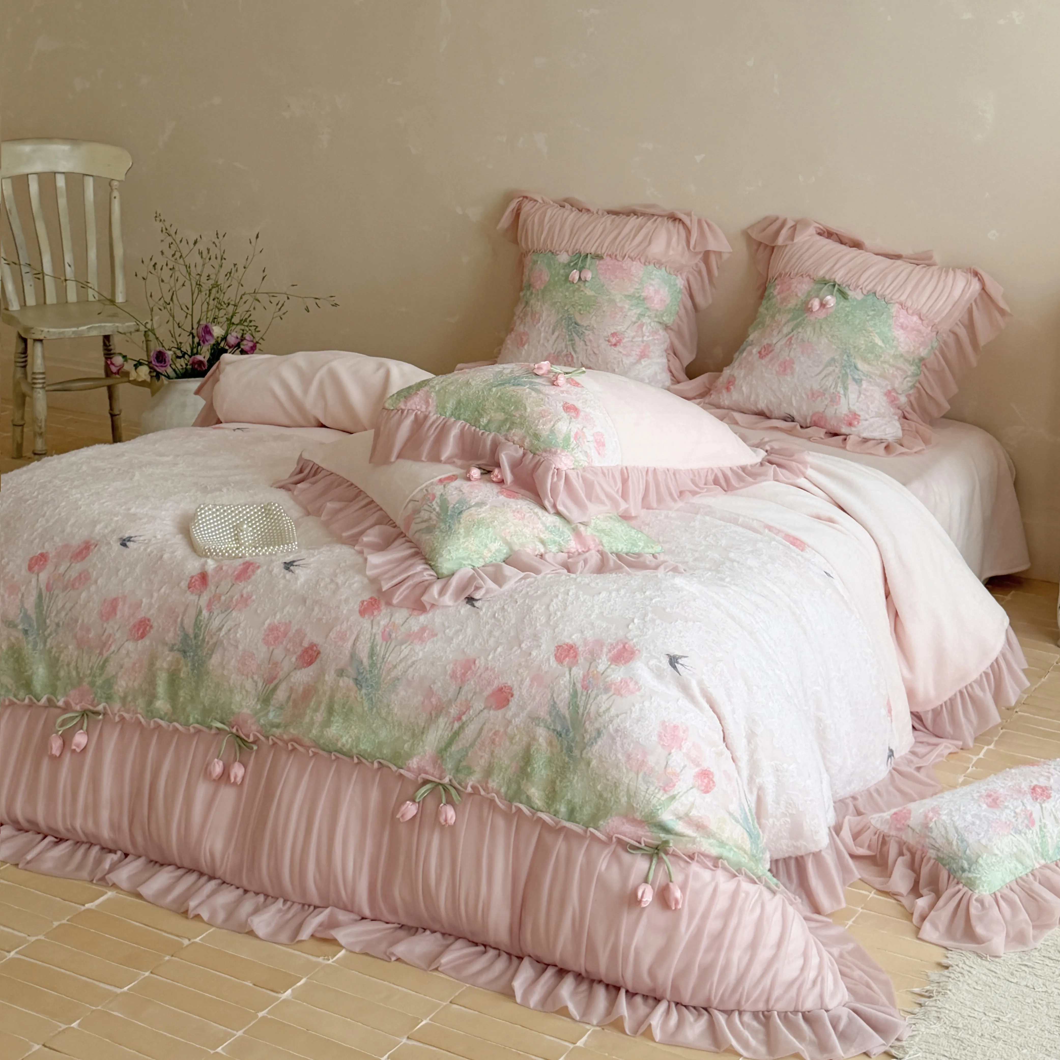 Romantic Blush Pink 3D Tulip Thick Warm Milk Velvet 4-Piece Bedding Set08 Romantic Blush Pink 3D Tulip Thick Warm Milk Velvet 4 Piece Bedding Set08