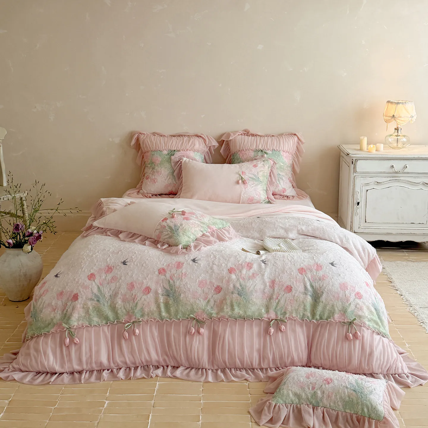 Romantic Blush Pink 3D Tulip Thick Warm Milk Velvet 4-Piece Bedding Set09 Romantic Blush Pink 3D Tulip Thick Warm Milk Velvet 4 Piece Bedding Set09