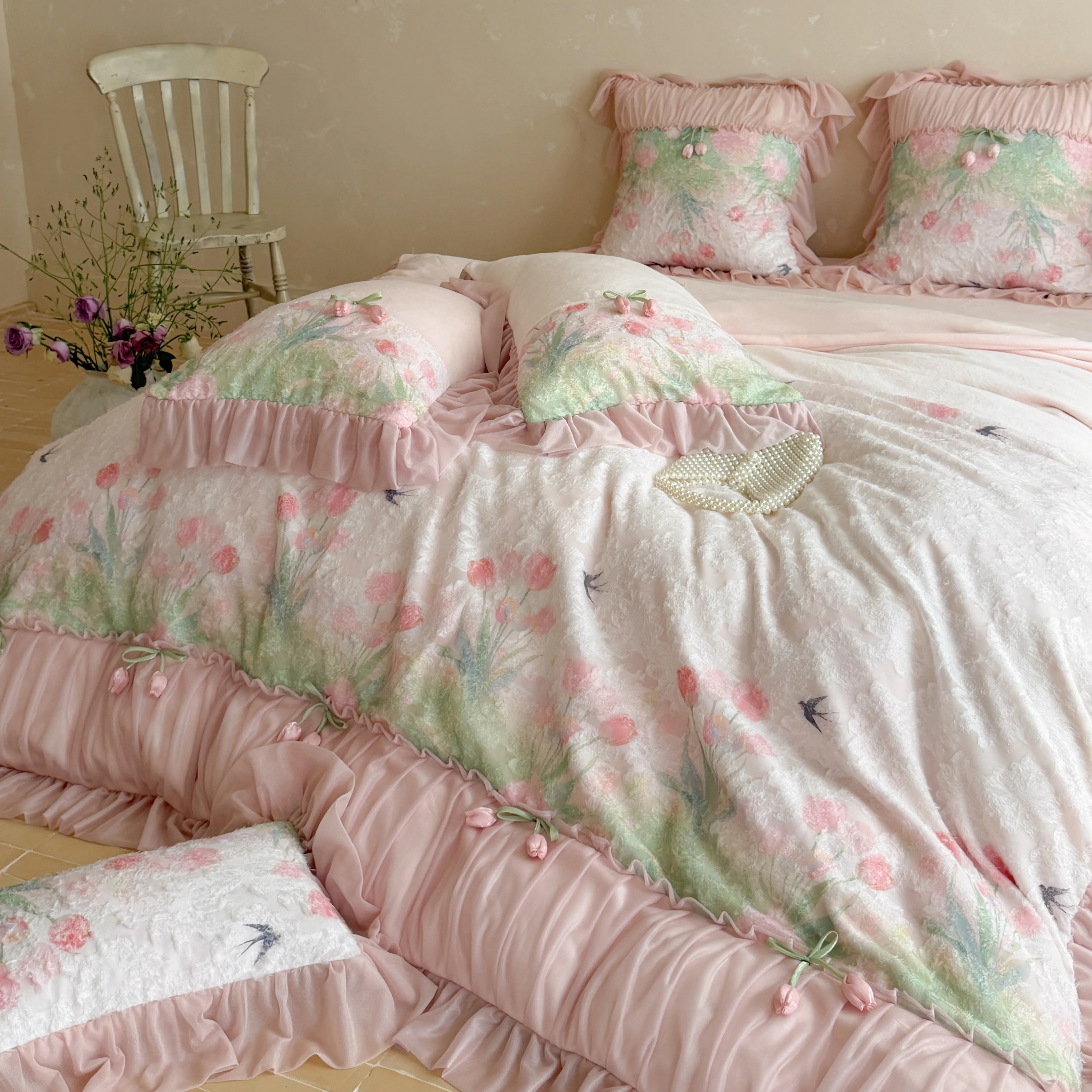 Romantic Blush Pink 3D Tulip Thick Warm Milk Velvet 4-Piece Bedding Set10 Romantic Blush Pink 3D Tulip Thick Warm Milk Velvet 4 Piece Bedding Set10