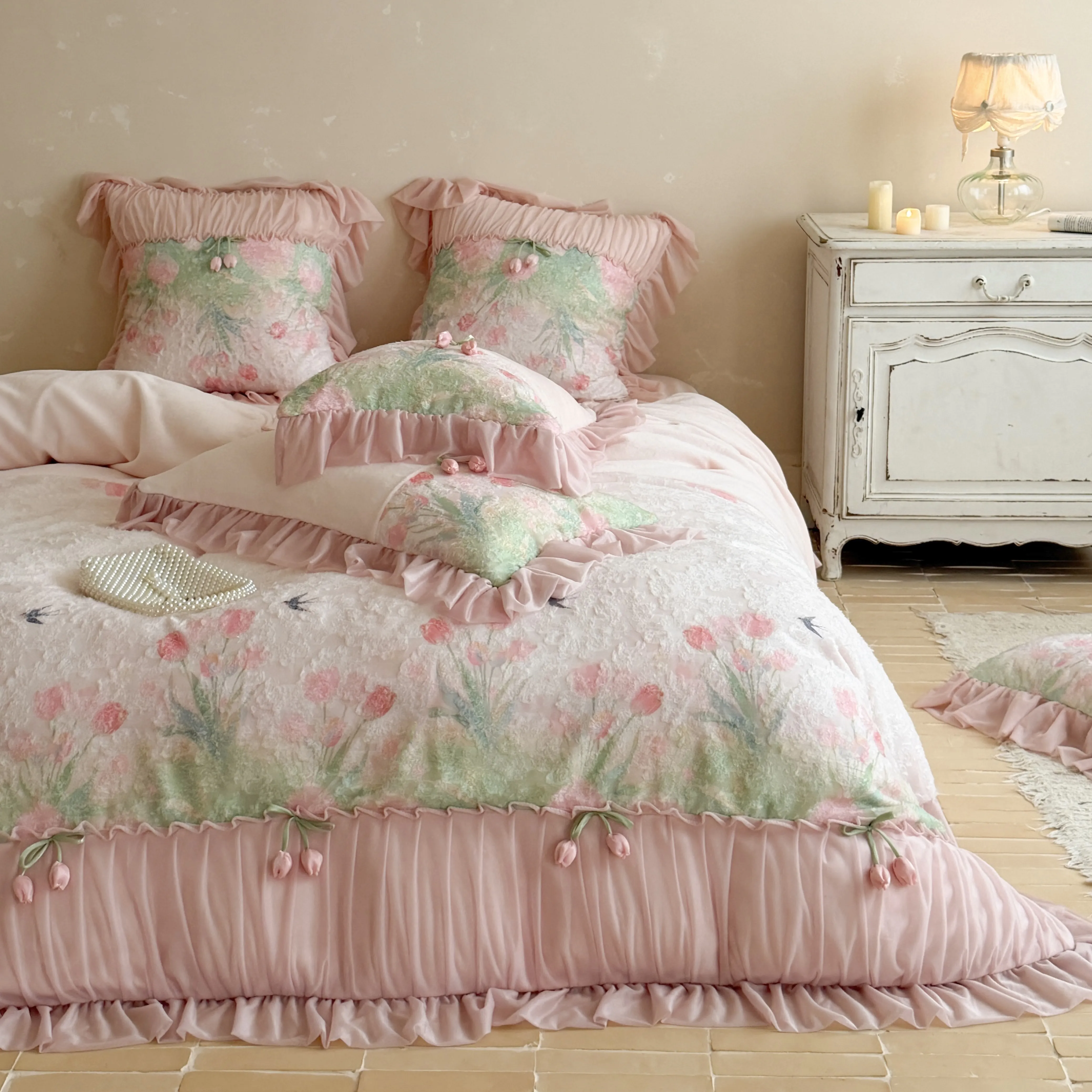 Romantic Blush Pink 3D Tulip Thick Warm Milk Velvet 4-Piece Bedding Set13 Romantic Blush Pink 3D Tulip Thick Warm Milk Velvet 4 Piece Bedding Set13