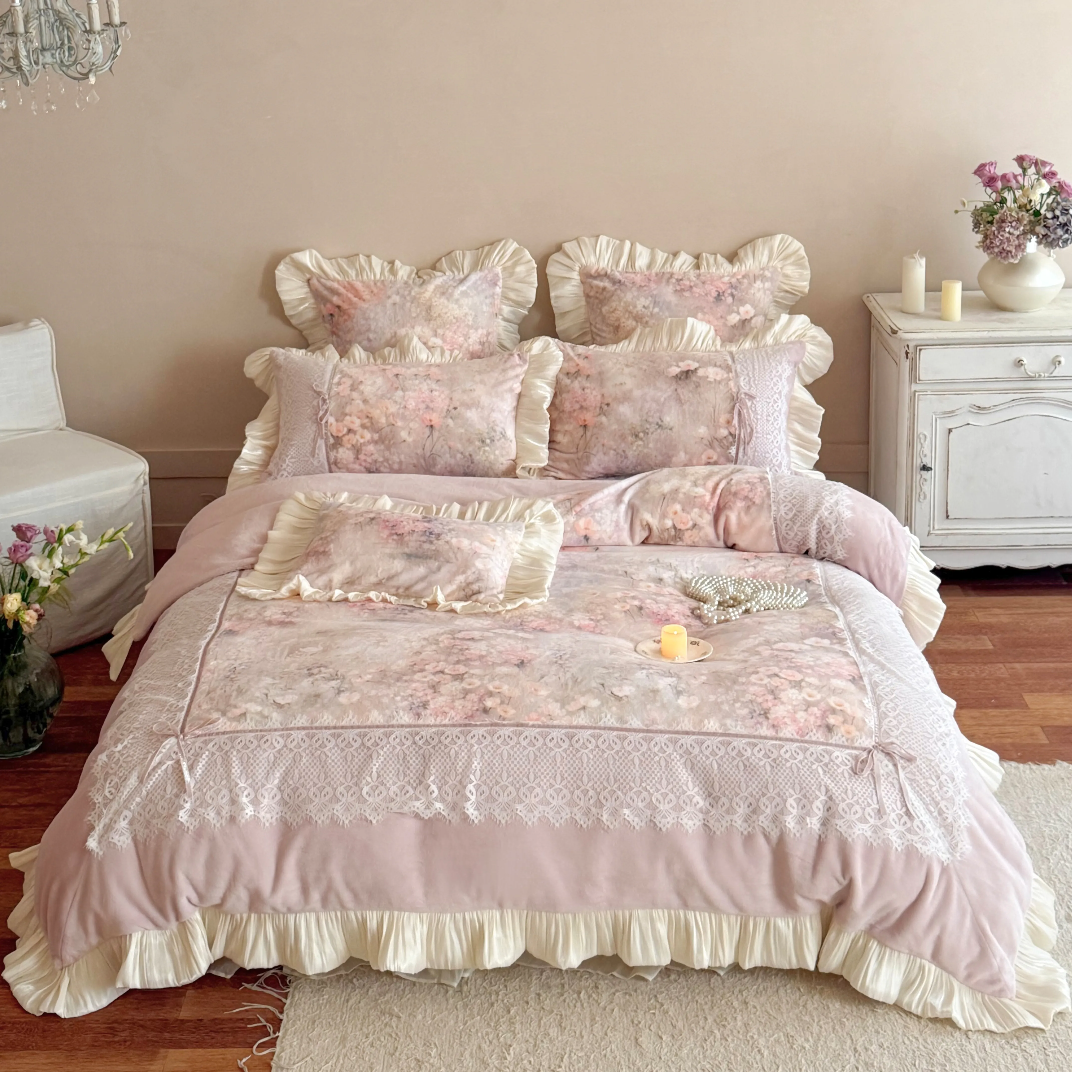 Romantic Cottagecore Floral Print Lace Ruffle Edge Warm Fleece Bedding Set01