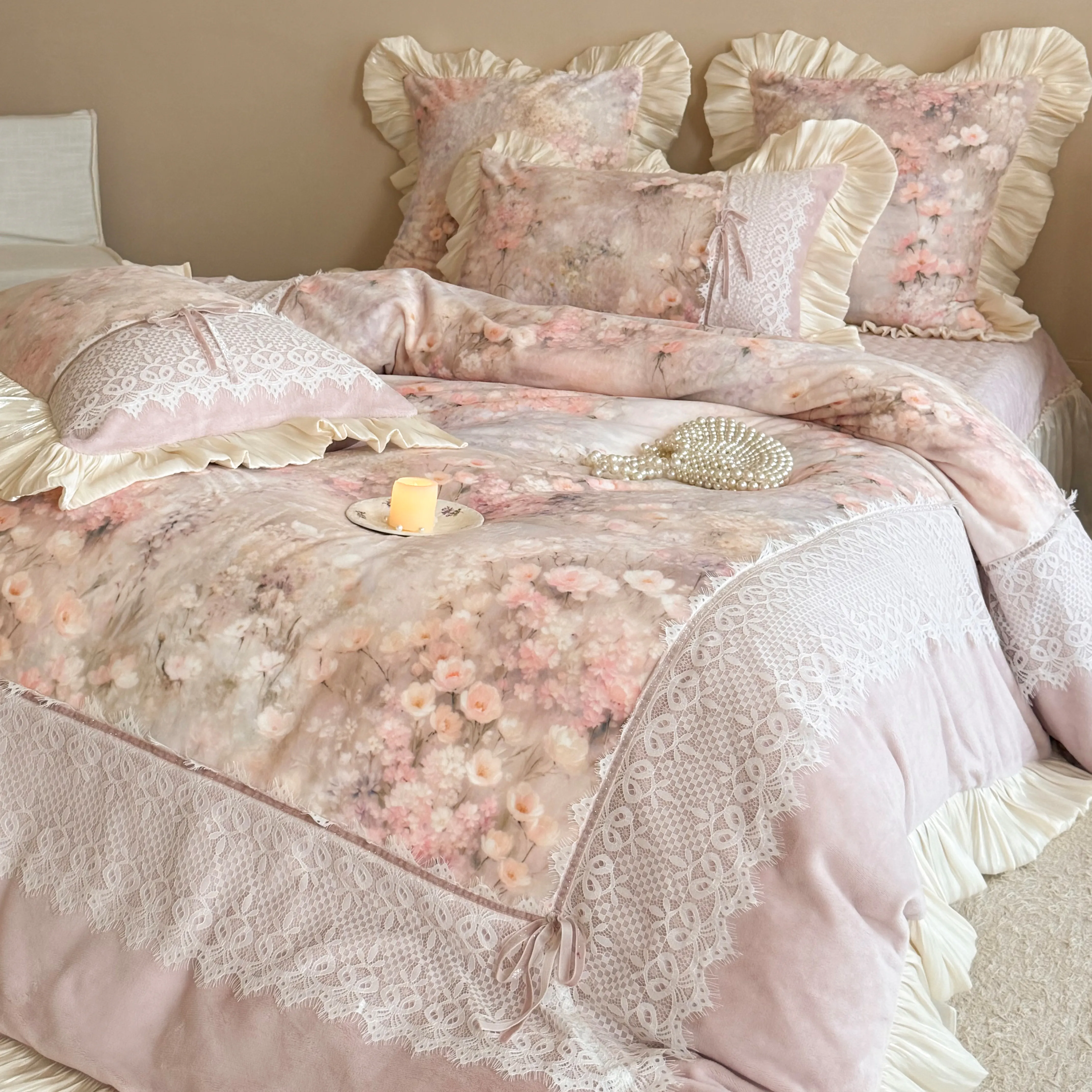 Romantic Cottagecore Floral Print Lace Ruffle Edge Warm Fleece Bedding Set03 Romantic Cottagecore Floral Print Lace Ruffle Edge Warm Fleece Bedding Set03