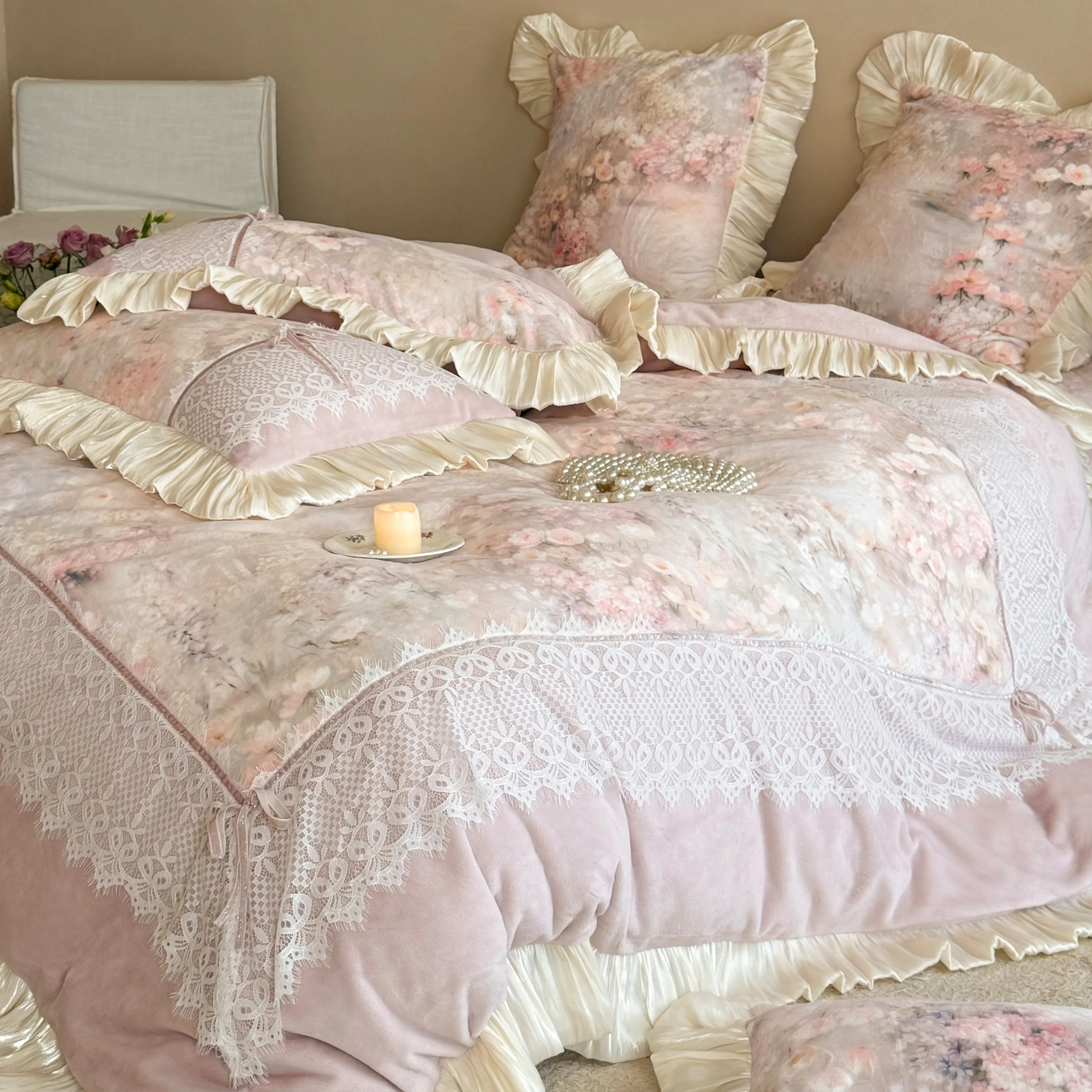 Romantic Cottagecore Floral Print Lace Ruffle Edge Warm Fleece Bedding Set04 Romantic Cottagecore Floral Print Lace Ruffle Edge Warm Fleece Bedding Set04