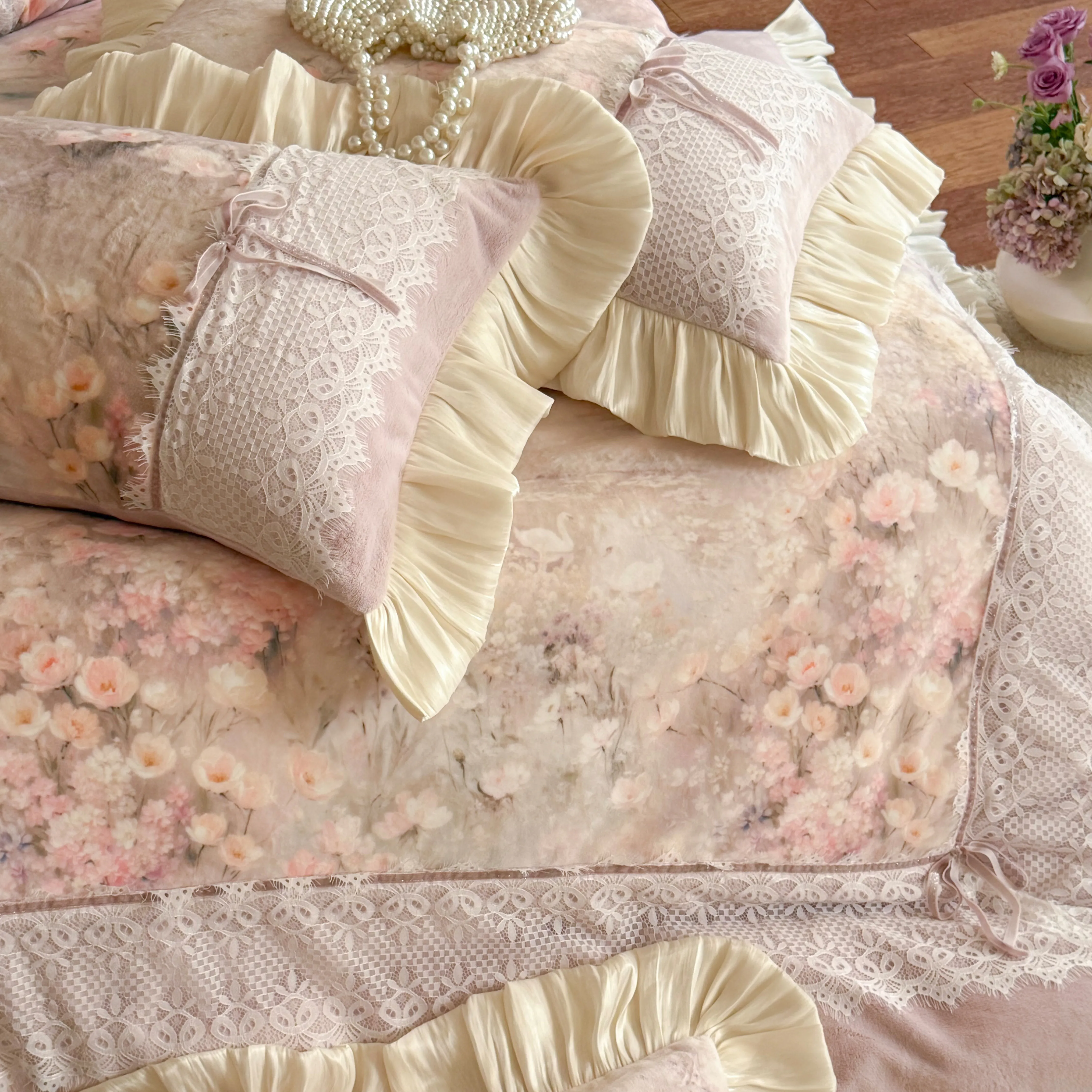 Romantic Cottagecore Floral Print Lace Ruffle Edge Warm Fleece Bedding Set08 Romantic Cottagecore Floral Print Lace Ruffle Edge Warm Fleece Bedding Set08