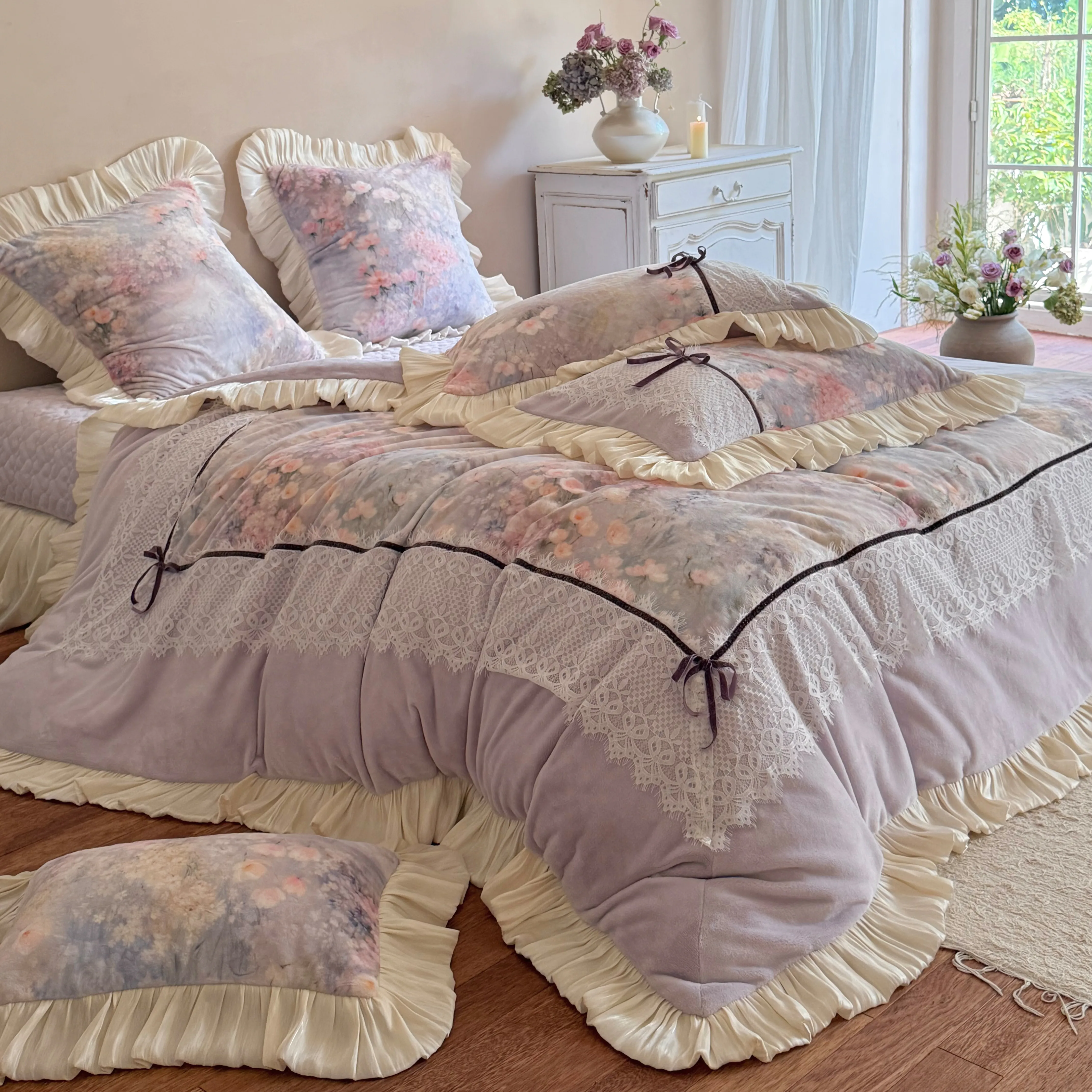 Romantic Cottagecore Floral Print Lace Ruffle Edge Warm Fleece Bedding Set10 Romantic Cottagecore Floral Print Lace Ruffle Edge Warm Fleece Bedding Set10
