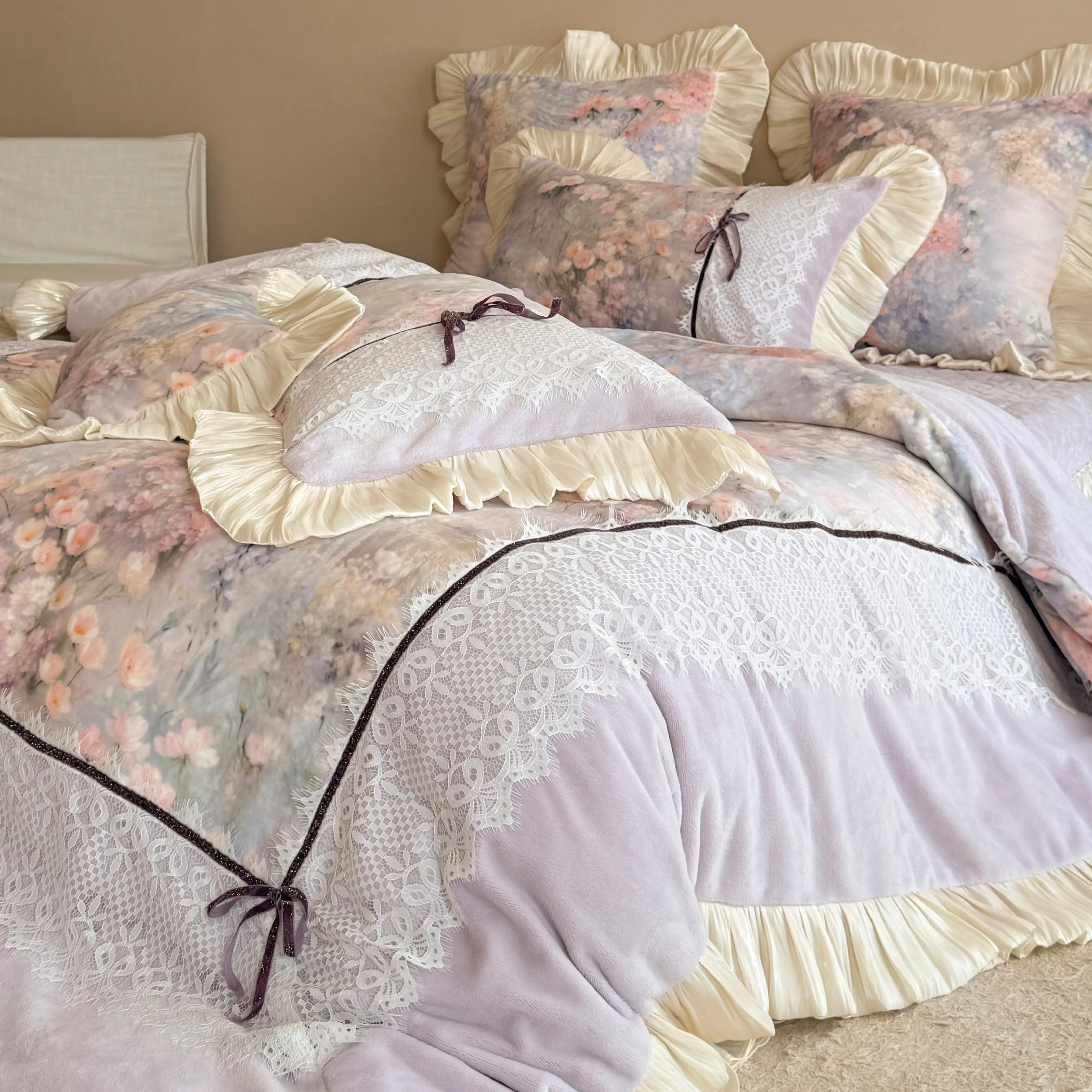 Romantic Cottagecore Floral Print Lace Ruffle Edge Warm Fleece Bedding Set11 Romantic Cottagecore Floral Print Lace Ruffle Edge Warm Fleece Bedding Set11