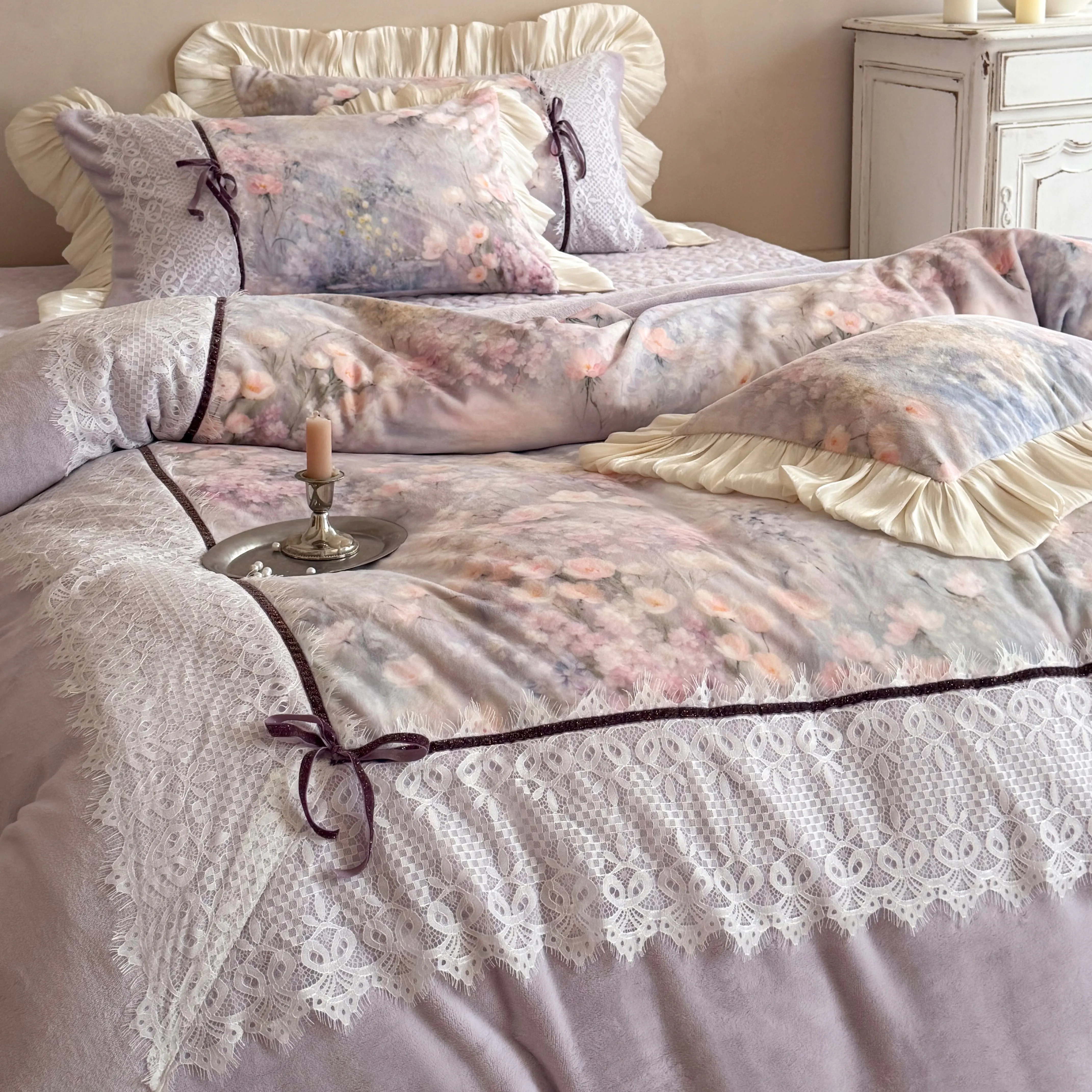 Romantic Cottagecore Floral Print Lace Ruffle Edge Warm Fleece Bedding Set12 Romantic Cottagecore Floral Print Lace Ruffle Edge Warm Fleece Bedding Set12