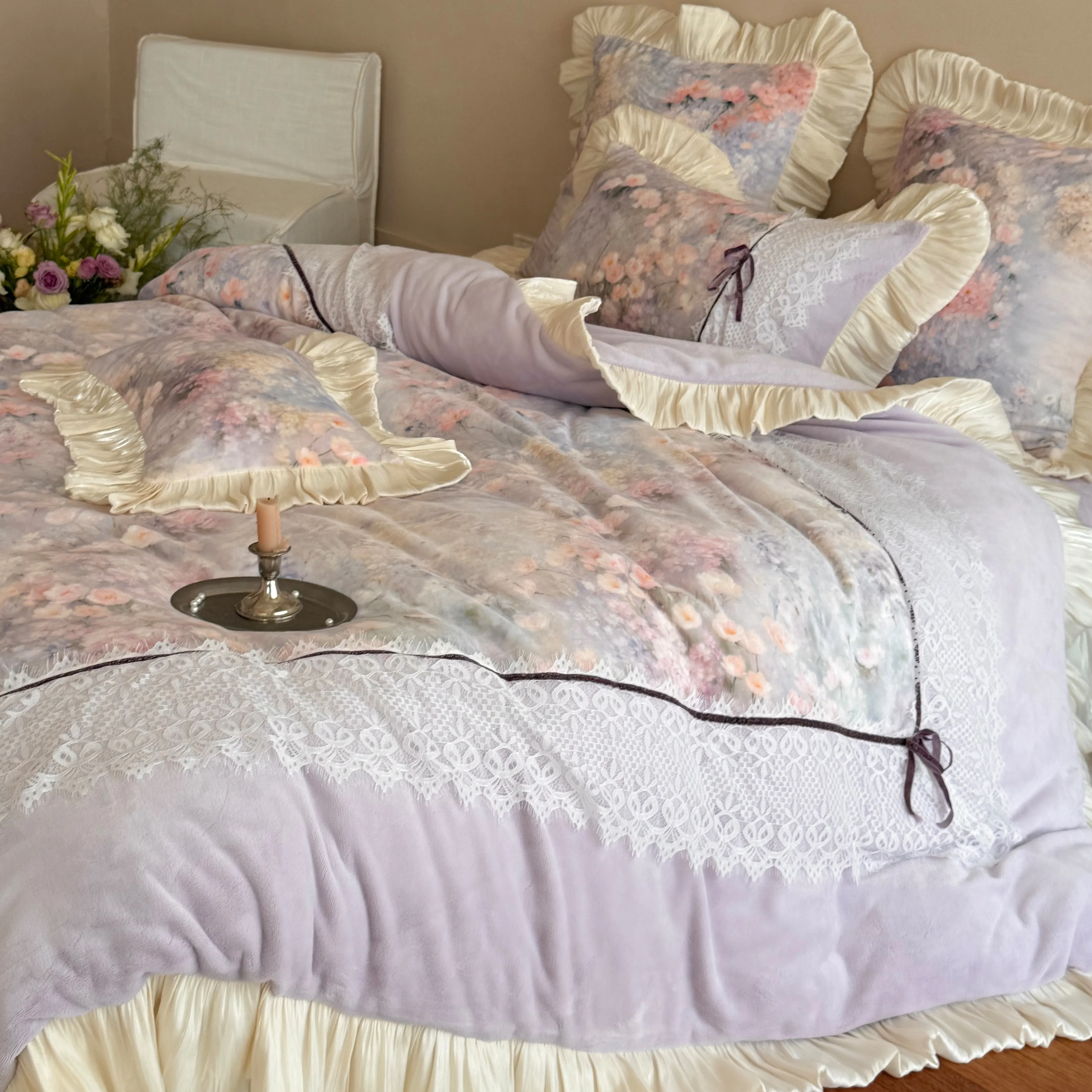 Romantic Cottagecore Floral Print Lace Ruffle Edge Warm Fleece Bedding Set13 Romantic Cottagecore Floral Print Lace Ruffle Edge Warm Fleece Bedding Set13