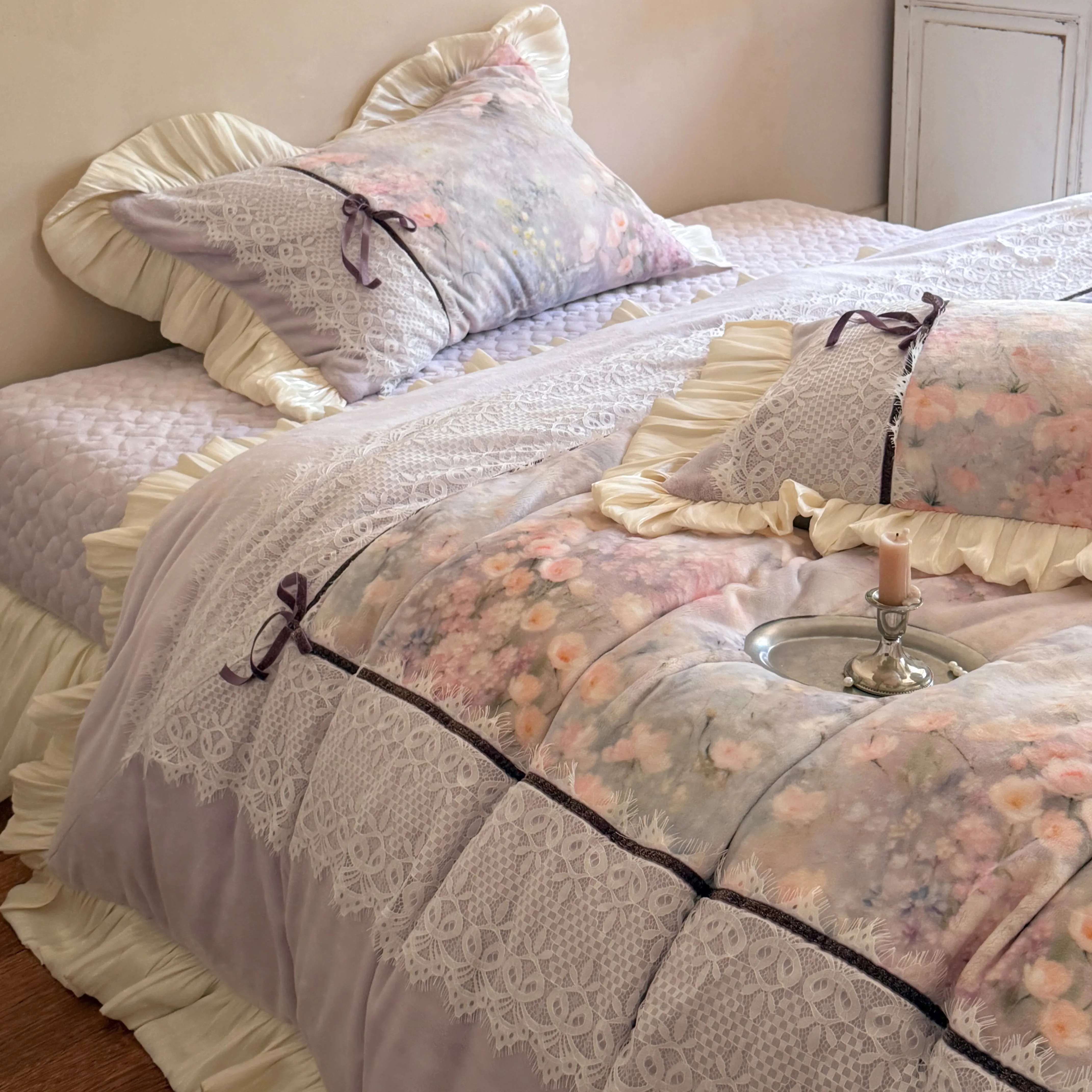 Romantic Cottagecore Floral Print Lace Ruffle Edge Warm Fleece Bedding Set14 Romantic Cottagecore Floral Print Lace Ruffle Edge Warm Fleece Bedding Set14