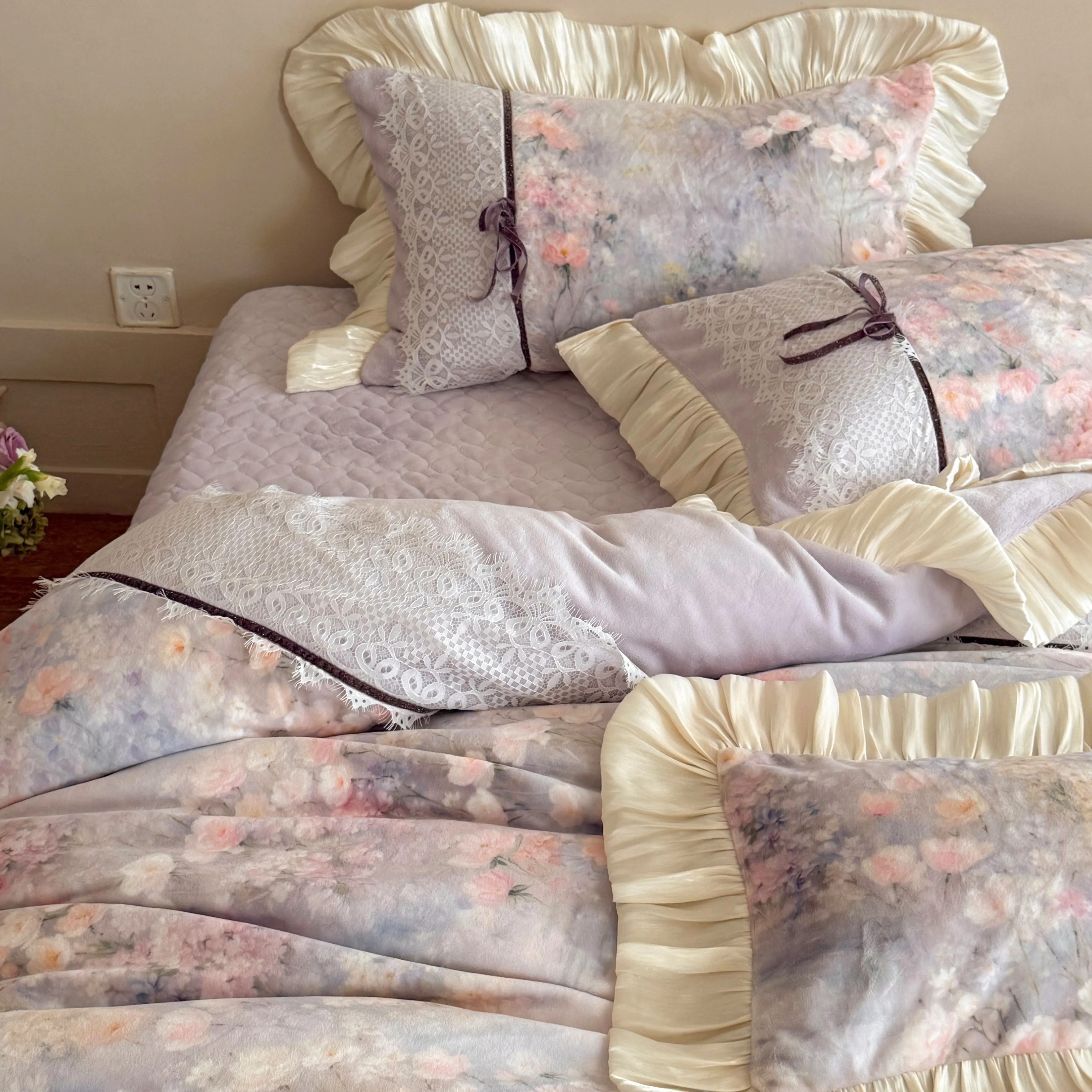 Romantic Cottagecore Floral Print Lace Ruffle Edge Warm Fleece Bedding Set15 Romantic Cottagecore Floral Print Lace Ruffle Edge Warm Fleece Bedding Set15