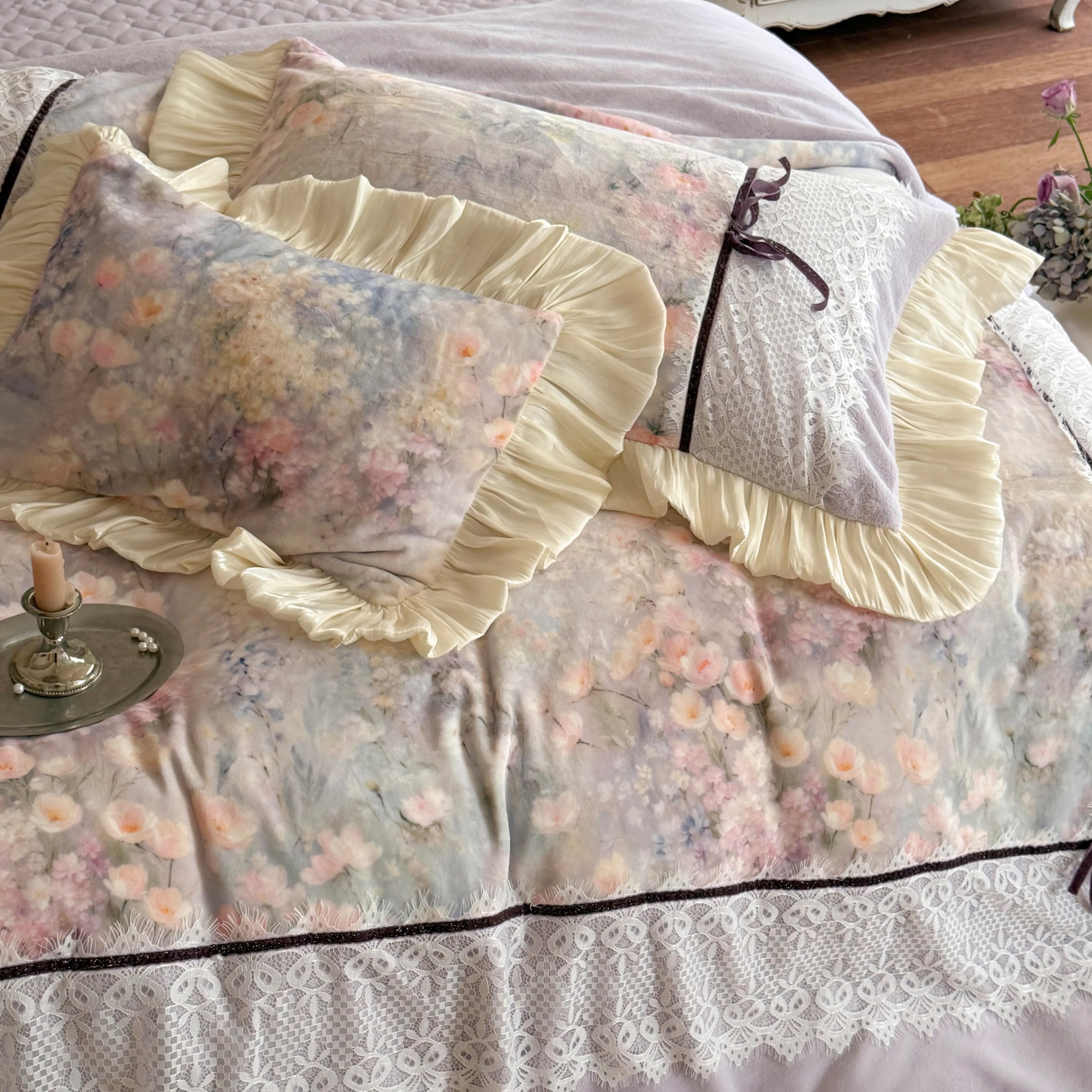 Romantic Cottagecore Floral Print Lace Ruffle Edge Warm Fleece Bedding Set16 Romantic Cottagecore Floral Print Lace Ruffle Edge Warm Fleece Bedding Set16