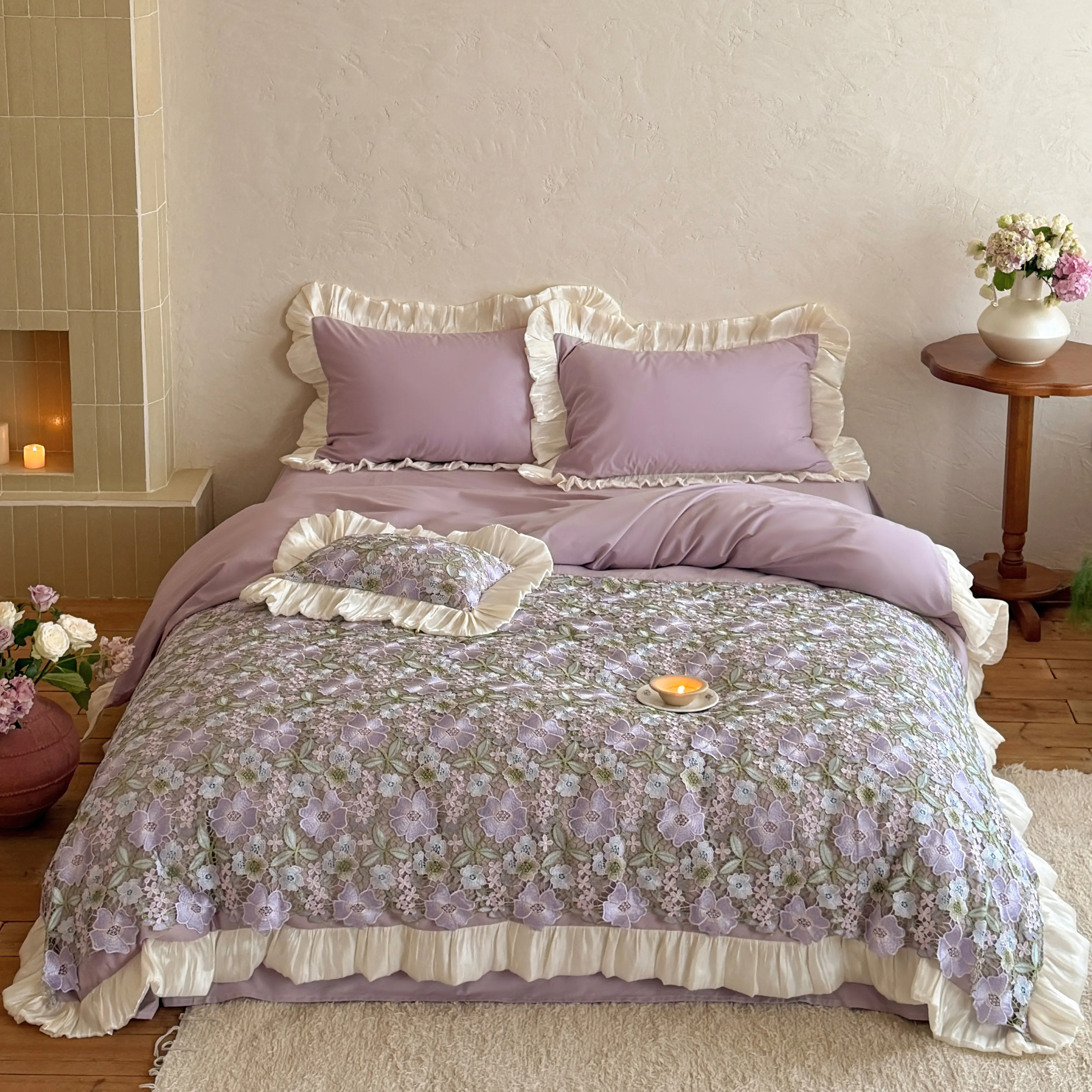 Soft 40s Pure Washed Cotton 3D Floral Embroidery Bedding 4 Pcs Set