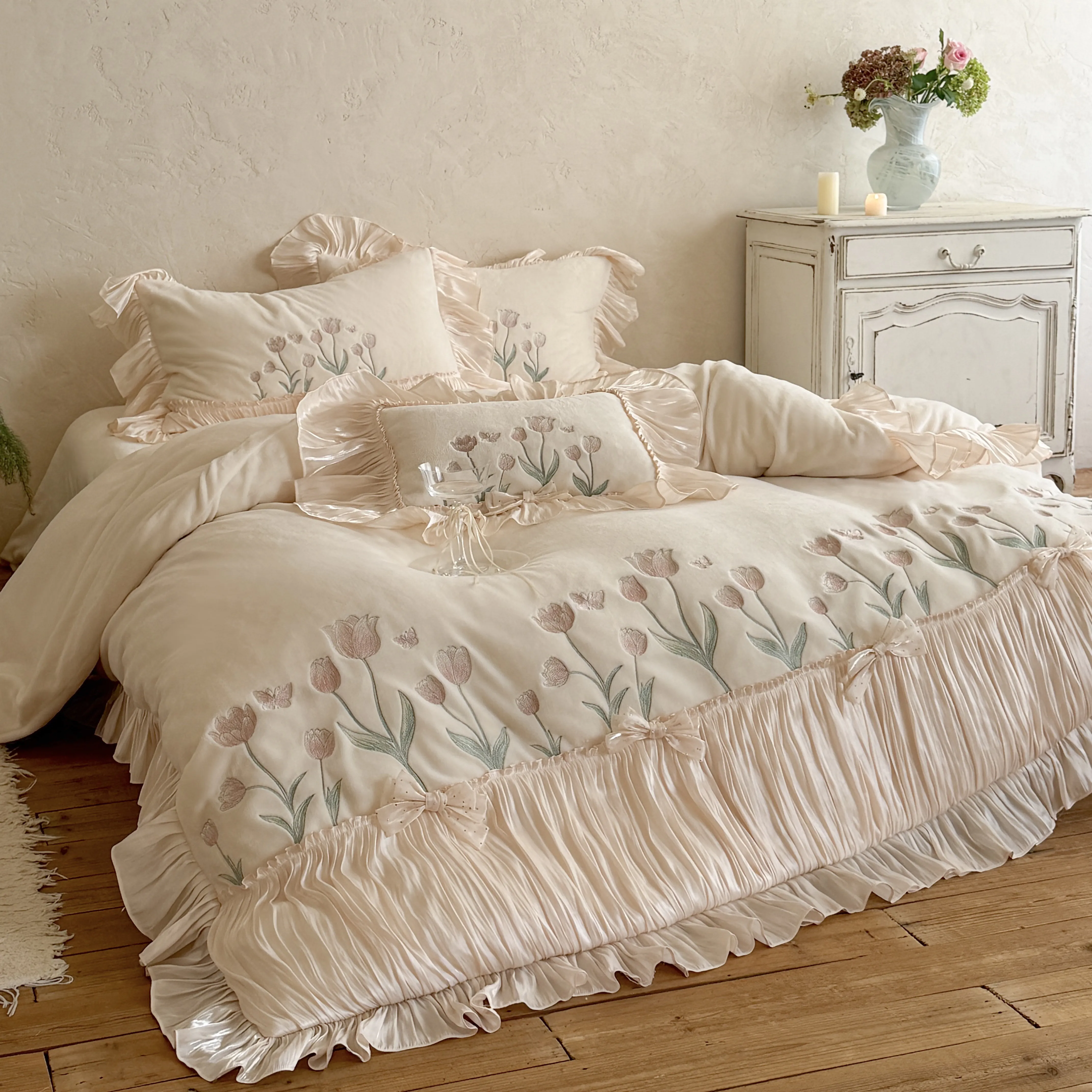 Soft Beige Tulip Floral Embroidery 230g High-Weight Milk Velvet Bedding Set11 Soft Beige Tulip Floral Embroidery 230g High Weight Milk Velvet Bedding Set11