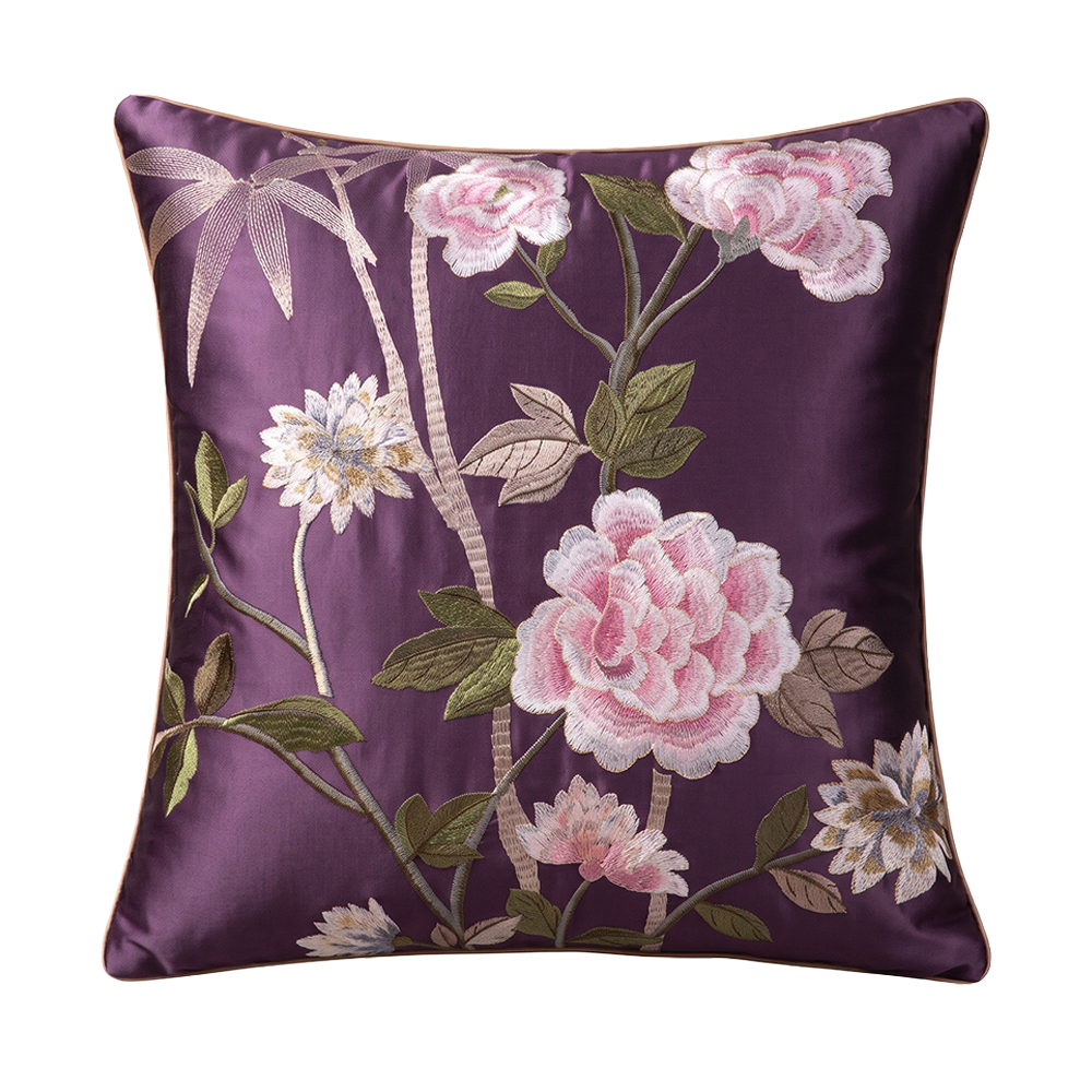 Vintage Peony and Branch Embroidered Satin Decorative Cushion Cover01