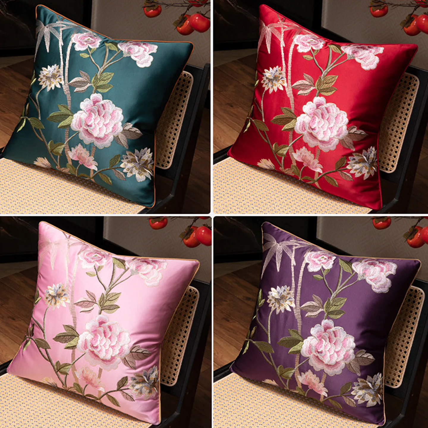 Vintage Peony and Branch Embroidered Satin Decorative Cushion Cover02 Vintage Peony and Branch Embroidered Satin Decorative Cushion Cover02