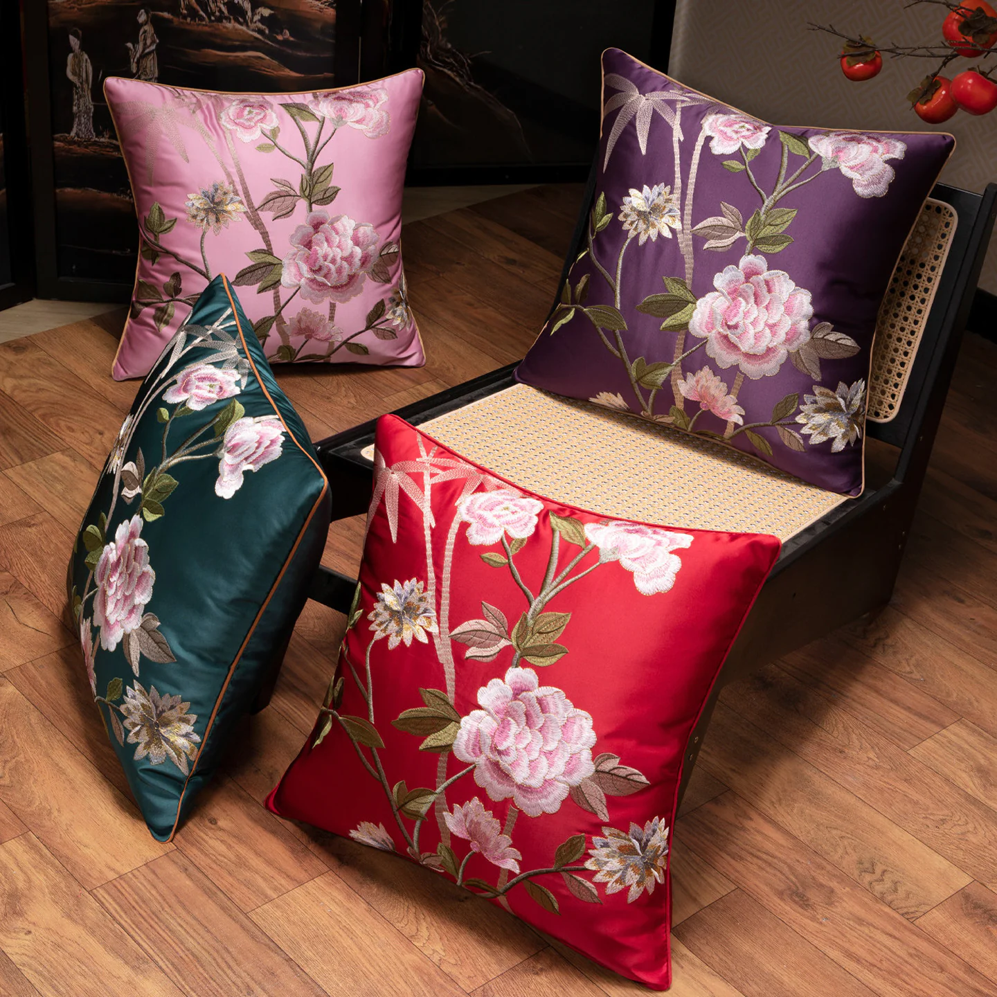 Vintage Peony and Branch Embroidered Satin Decorative Cushion Cover03