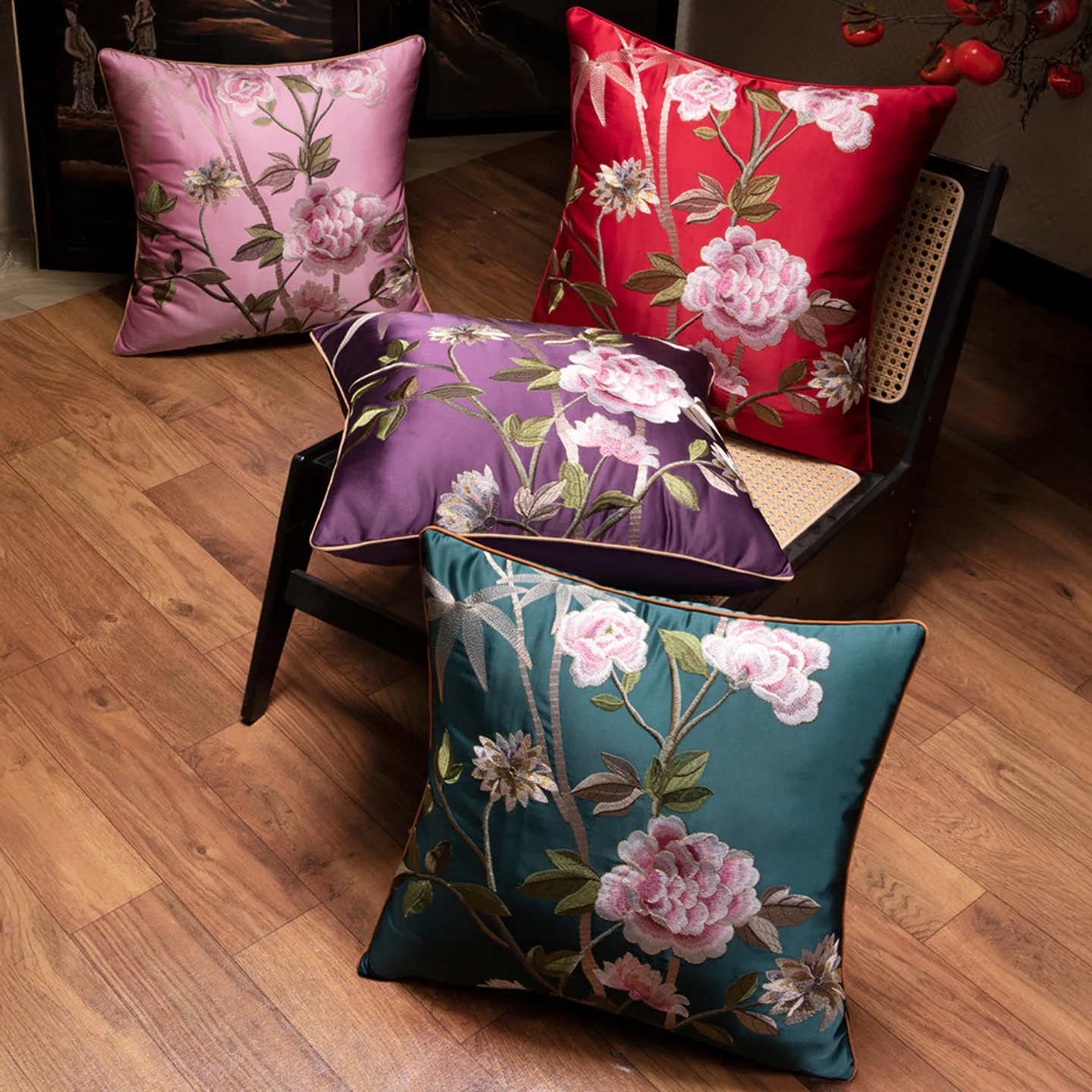 Vintage Peony and Branch Embroidered Satin Decorative Cushion Cover04 Vintage Peony and Branch Embroidered Satin Decorative Cushion Cover04