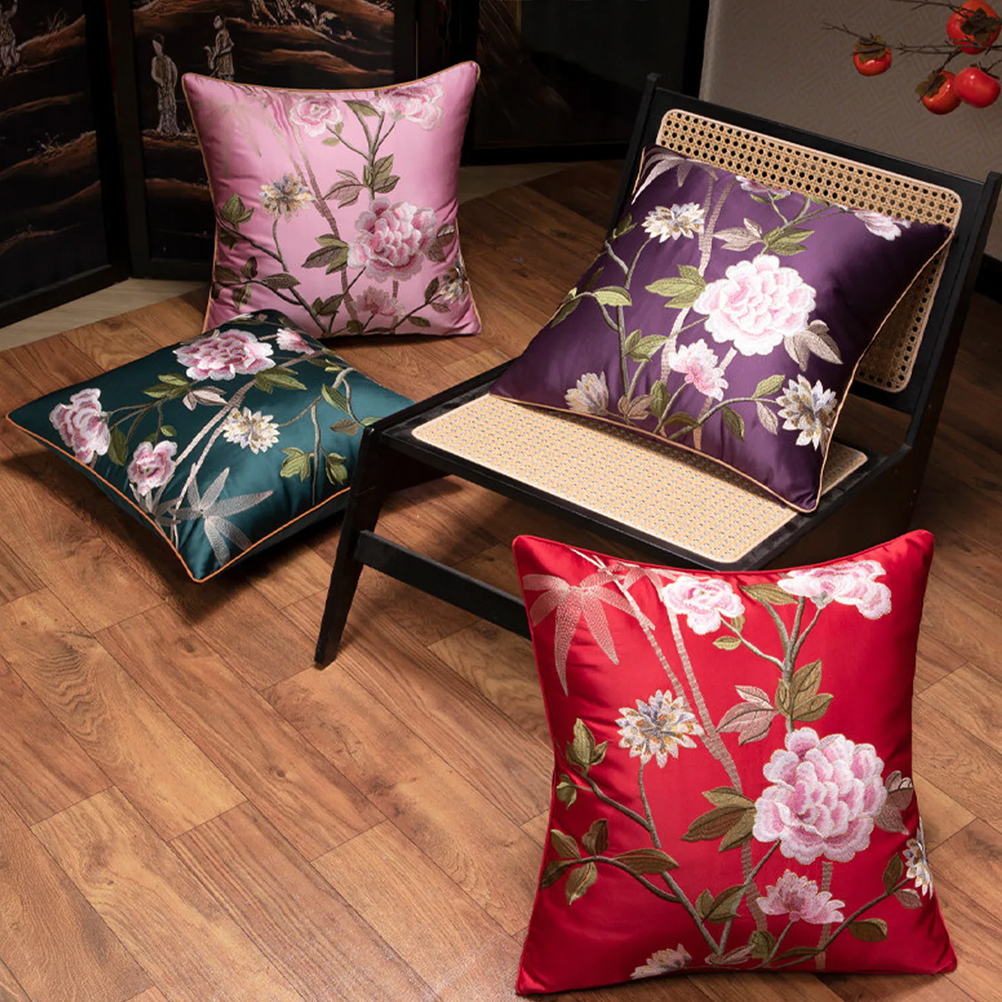 Vintage Peony and Branch Embroidered Satin Decorative Cushion Cover05 Vintage Peony and Branch Embroidered Satin Decorative Cushion Cover05
