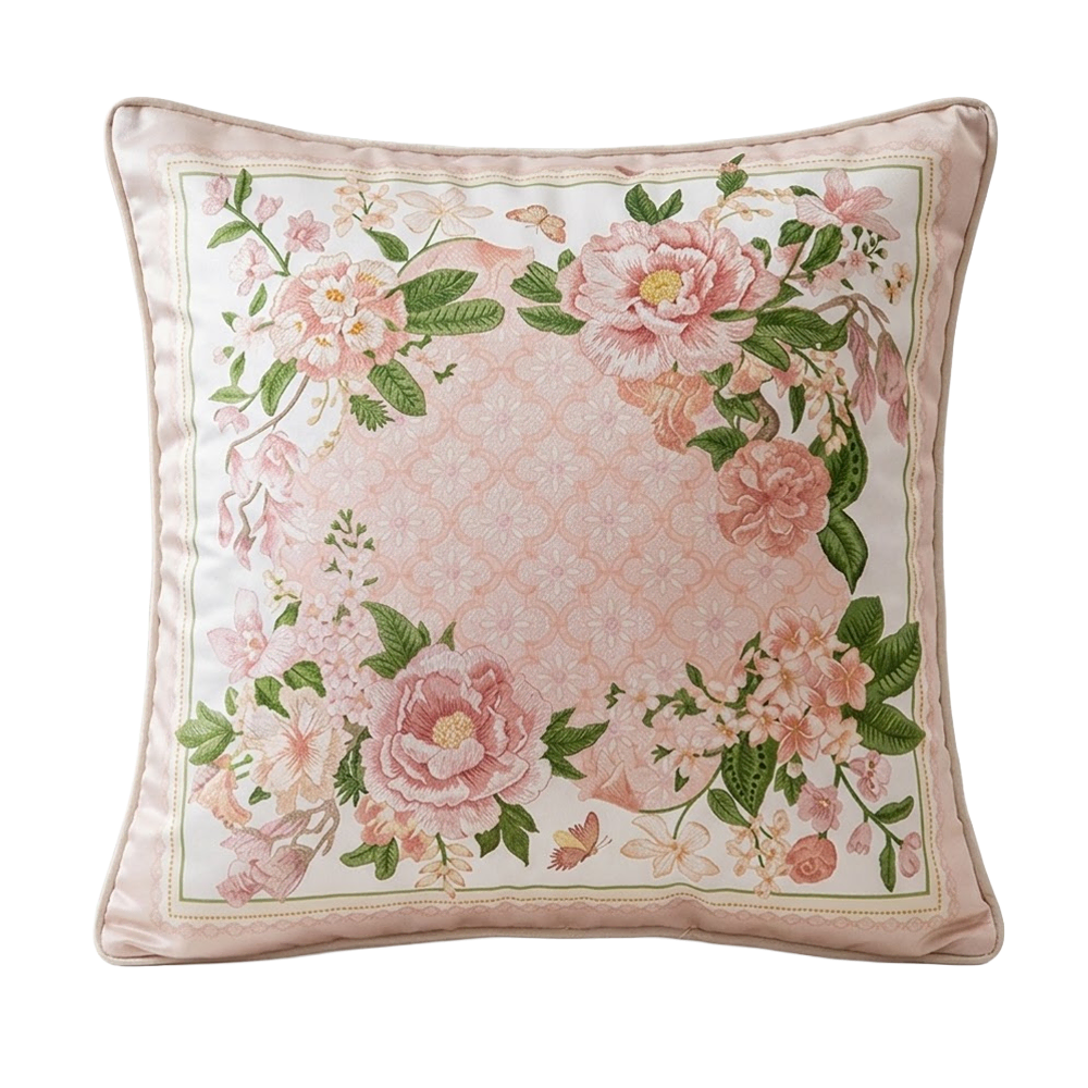 Vintage Pink Botanical Digital Print Short Plush Sofa Cushion Throw Pillow Cover