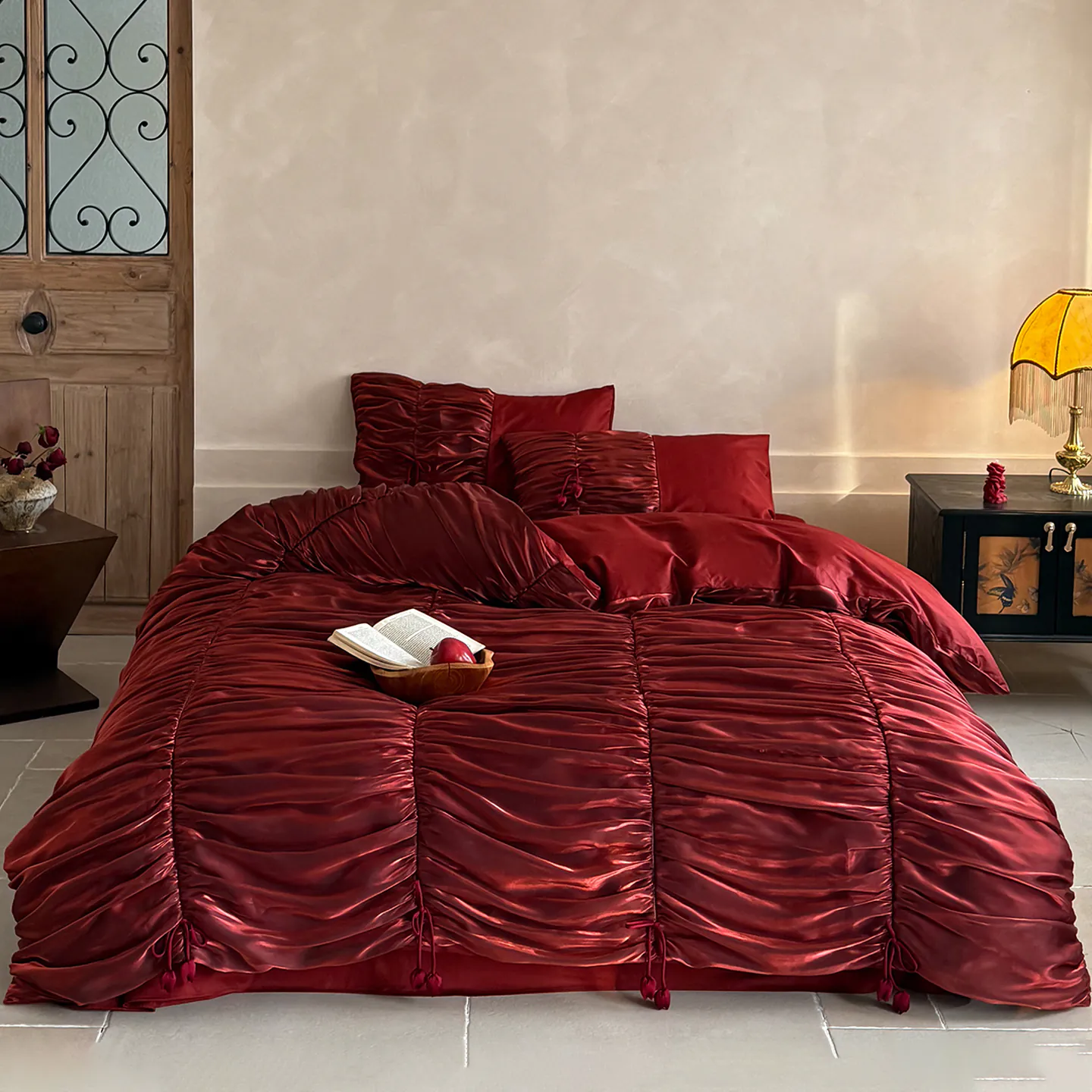 Aesthetic Burgundy Pleated 50s Double Ply Long Staple Cotton Bedding Set01