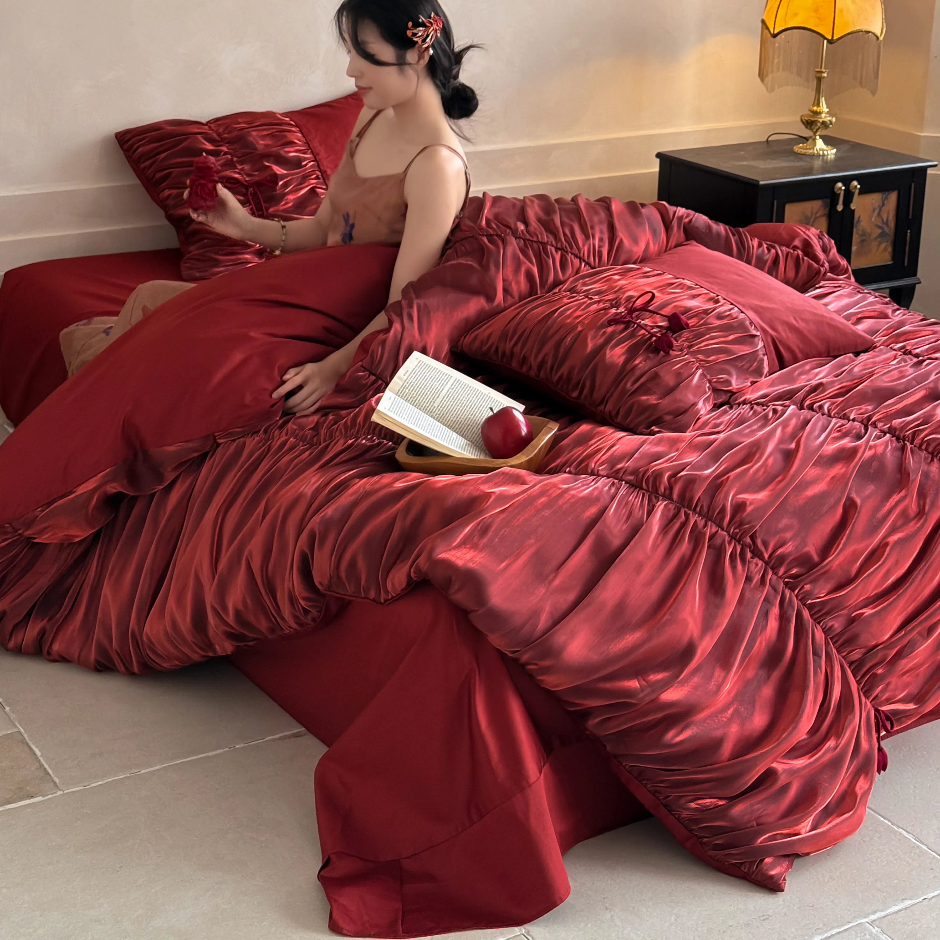 Aesthetic Burgundy Pleated 50s Double-Ply Long-Staple Cotton Bedding Set04 Aesthetic Burgundy Pleated 50s Double Ply Long Staple Cotton Bedding Set04