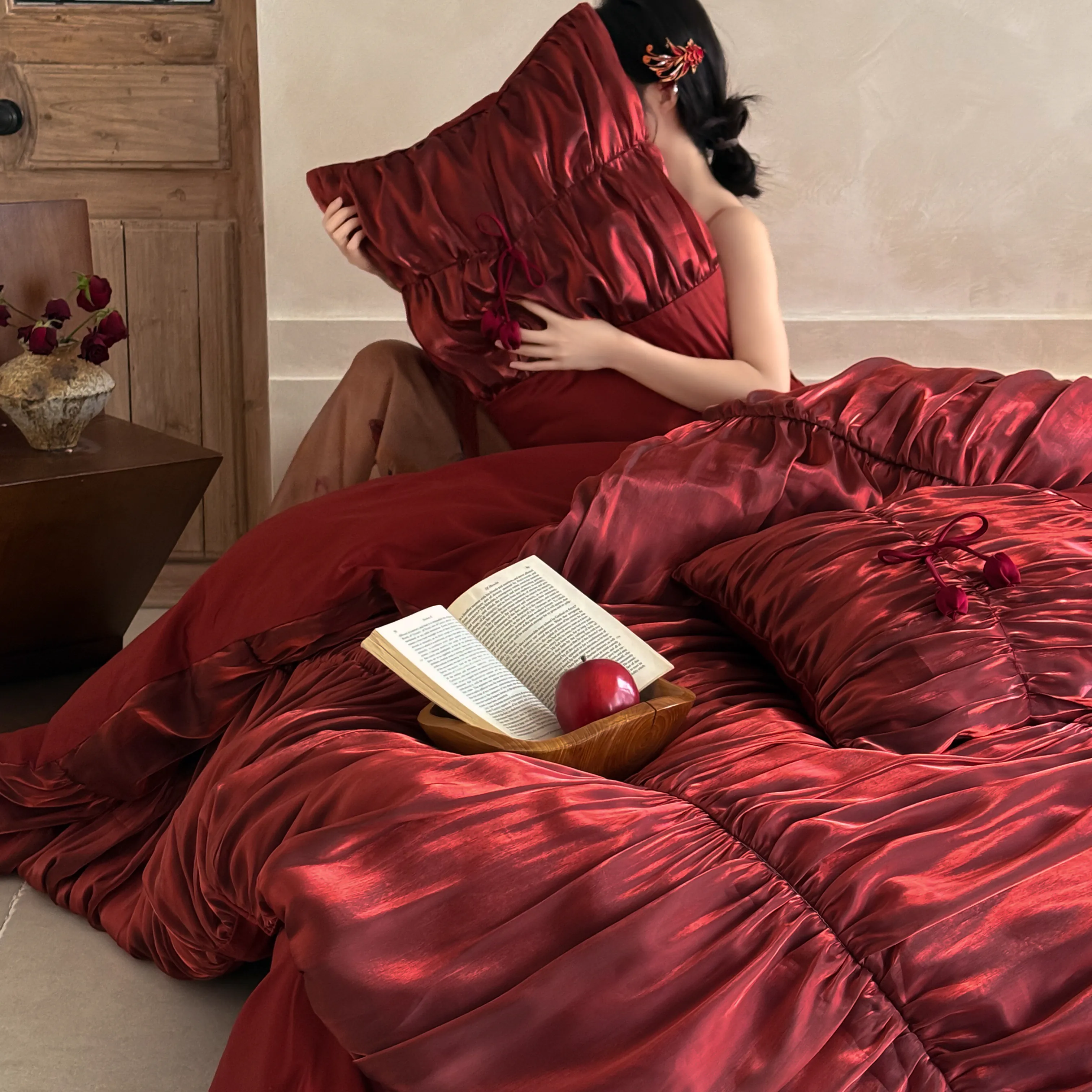 Aesthetic Burgundy Pleated 50s Double-Ply Long-Staple Cotton Bedding Set07 Aesthetic Burgundy Pleated 50s Double Ply Long Staple Cotton Bedding Set07