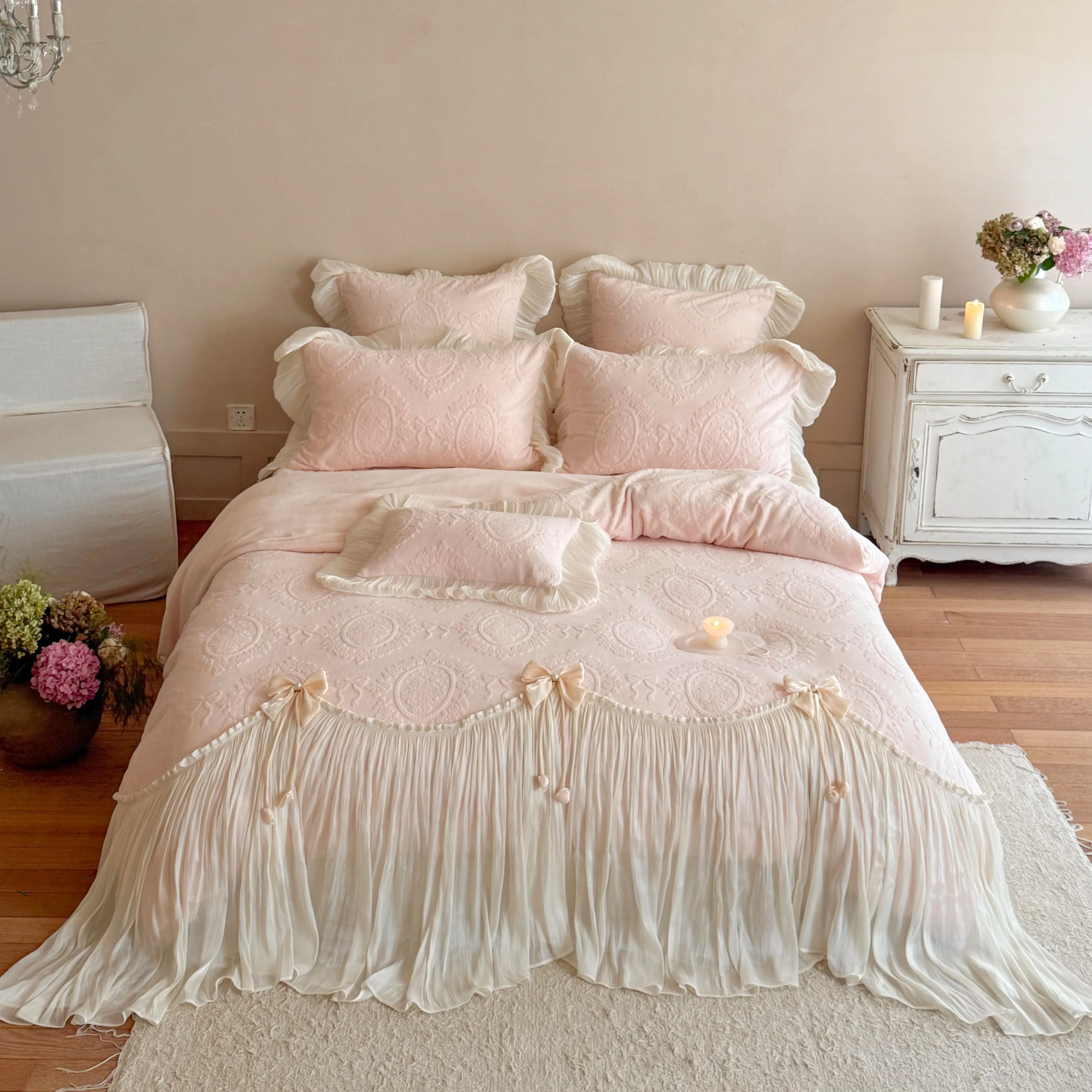 Cottage Embossed Floral Carved Matte Milk Velvet Fleece 4 Pcs Bedding Set01