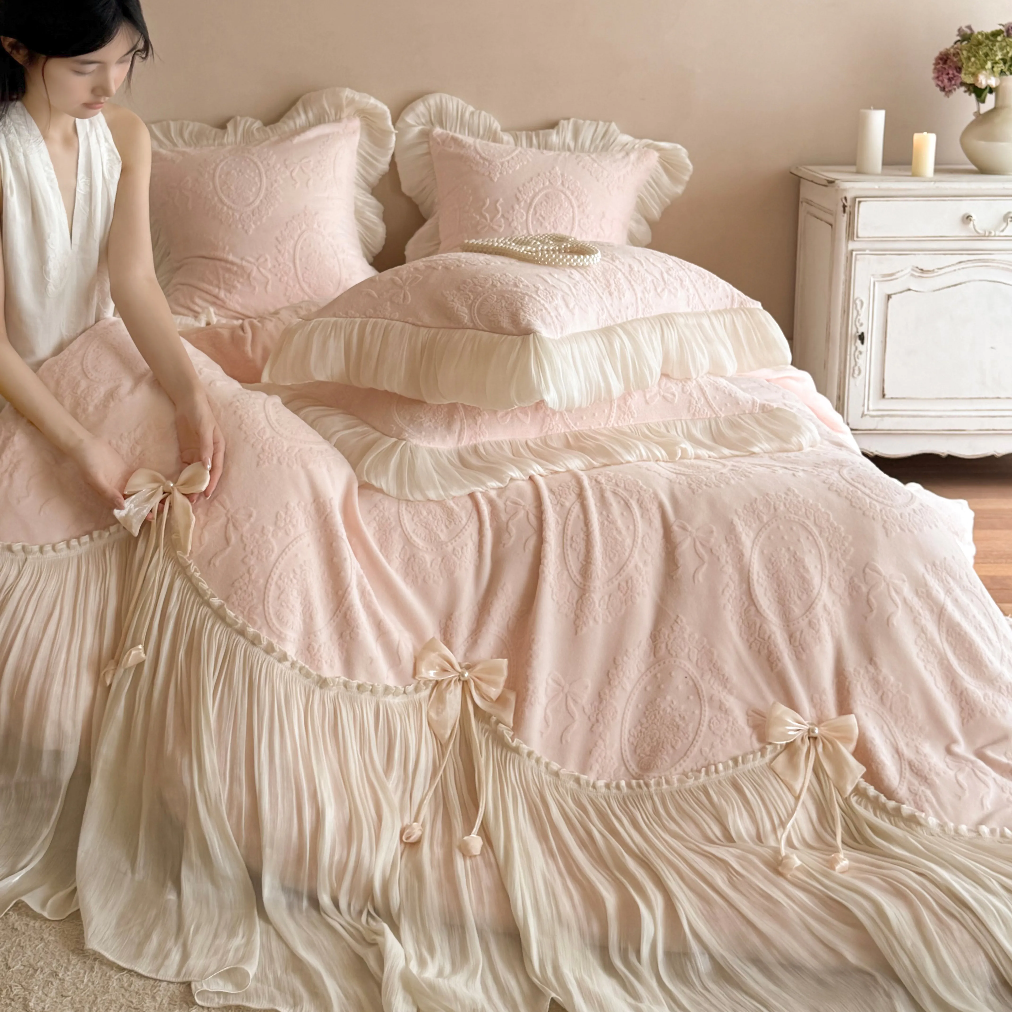 Cottage Embossed Floral Carved Matte Milk Velvet Fleece 4 Pcs Bedding Set03 Cottage Embossed Floral Carved Matte Milk Velvet Fleece 4 Pcs Bedding Set03