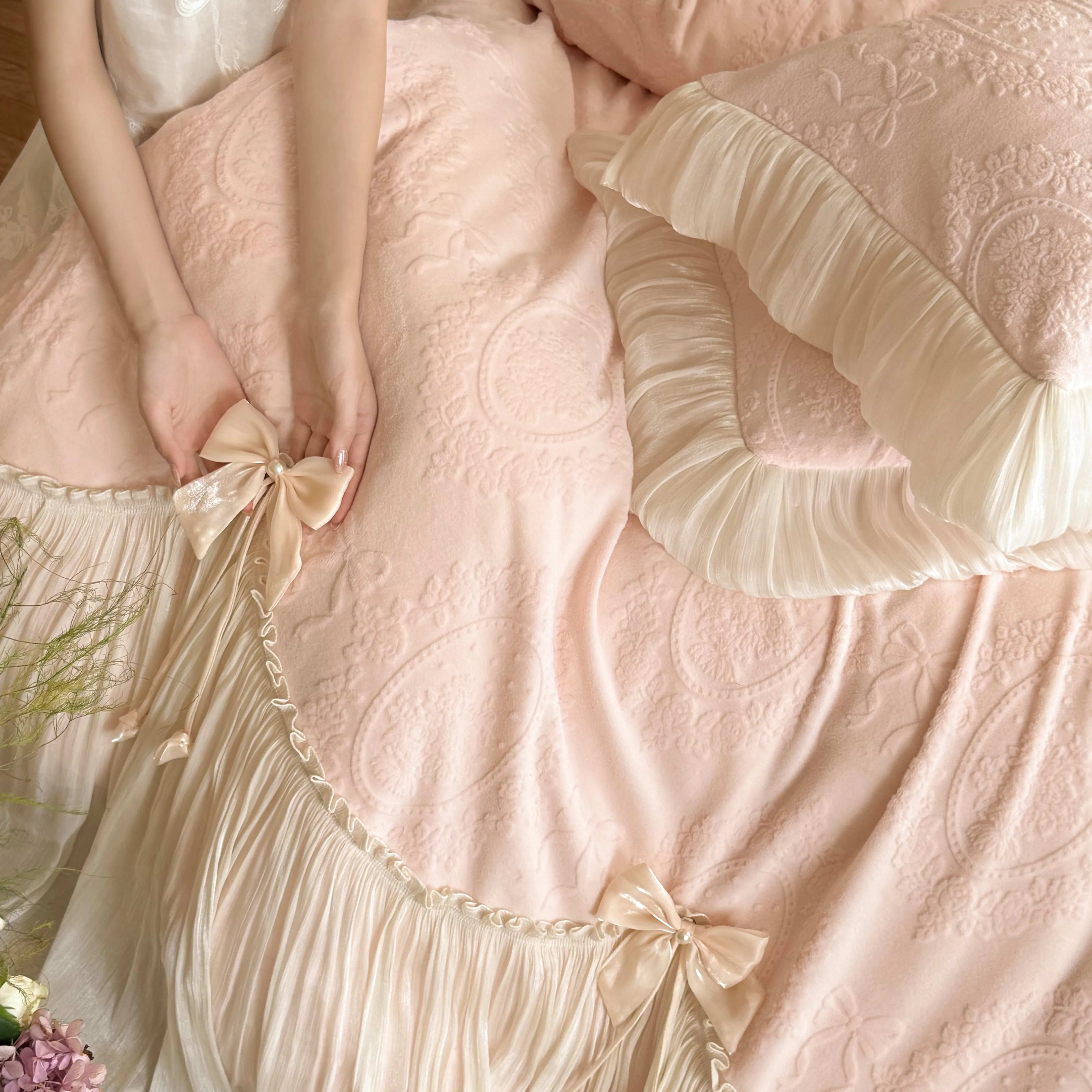 Cottage Embossed Floral Carved Matte Milk Velvet Fleece 4 Pcs Bedding Set08 Cottage Embossed Floral Carved Matte Milk Velvet Fleece 4 Pcs Bedding Set08