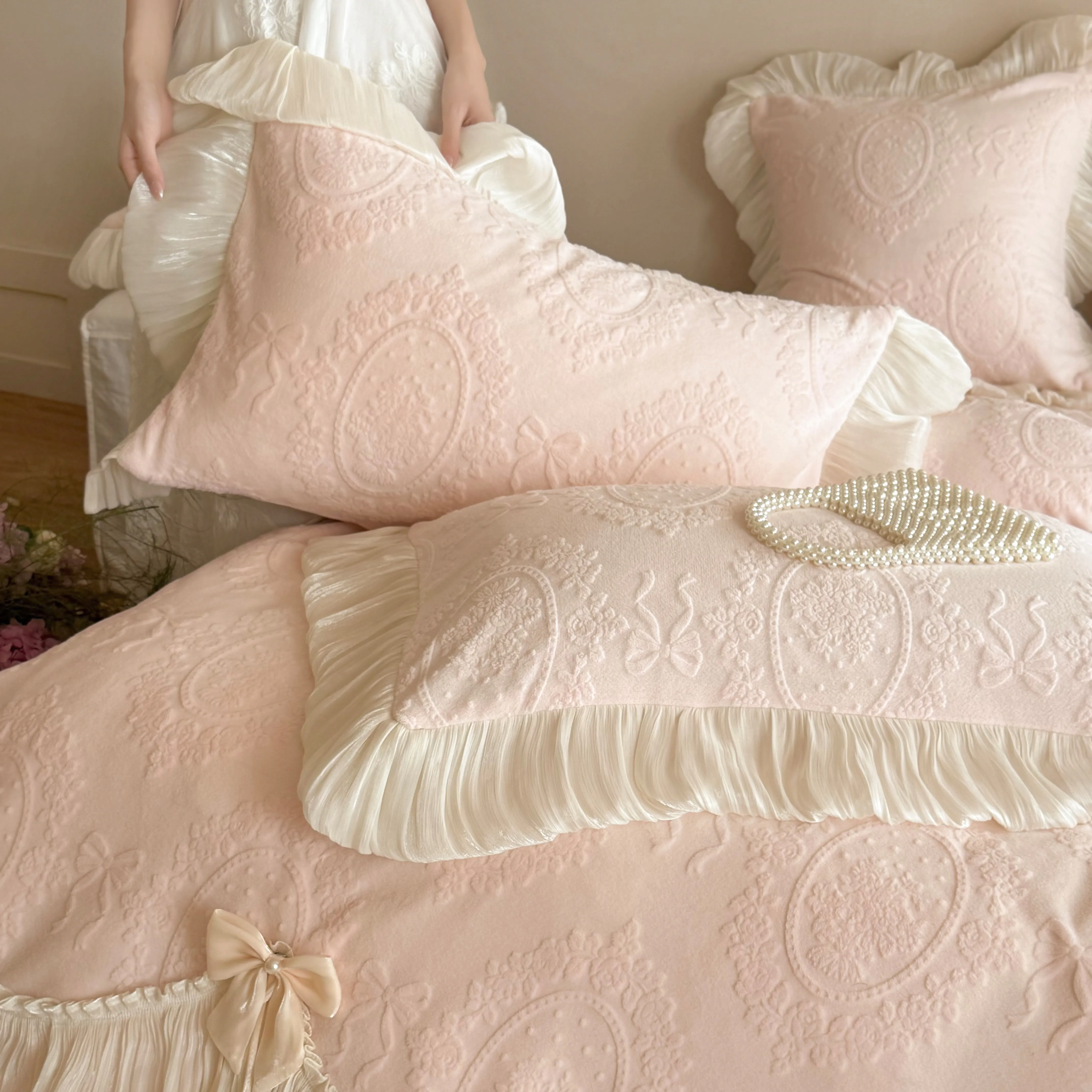 Cottage Embossed Floral Carved Matte Milk Velvet Fleece 4 Pcs Bedding Set09 Cottage Embossed Floral Carved Matte Milk Velvet Fleece 4 Pcs Bedding Set09