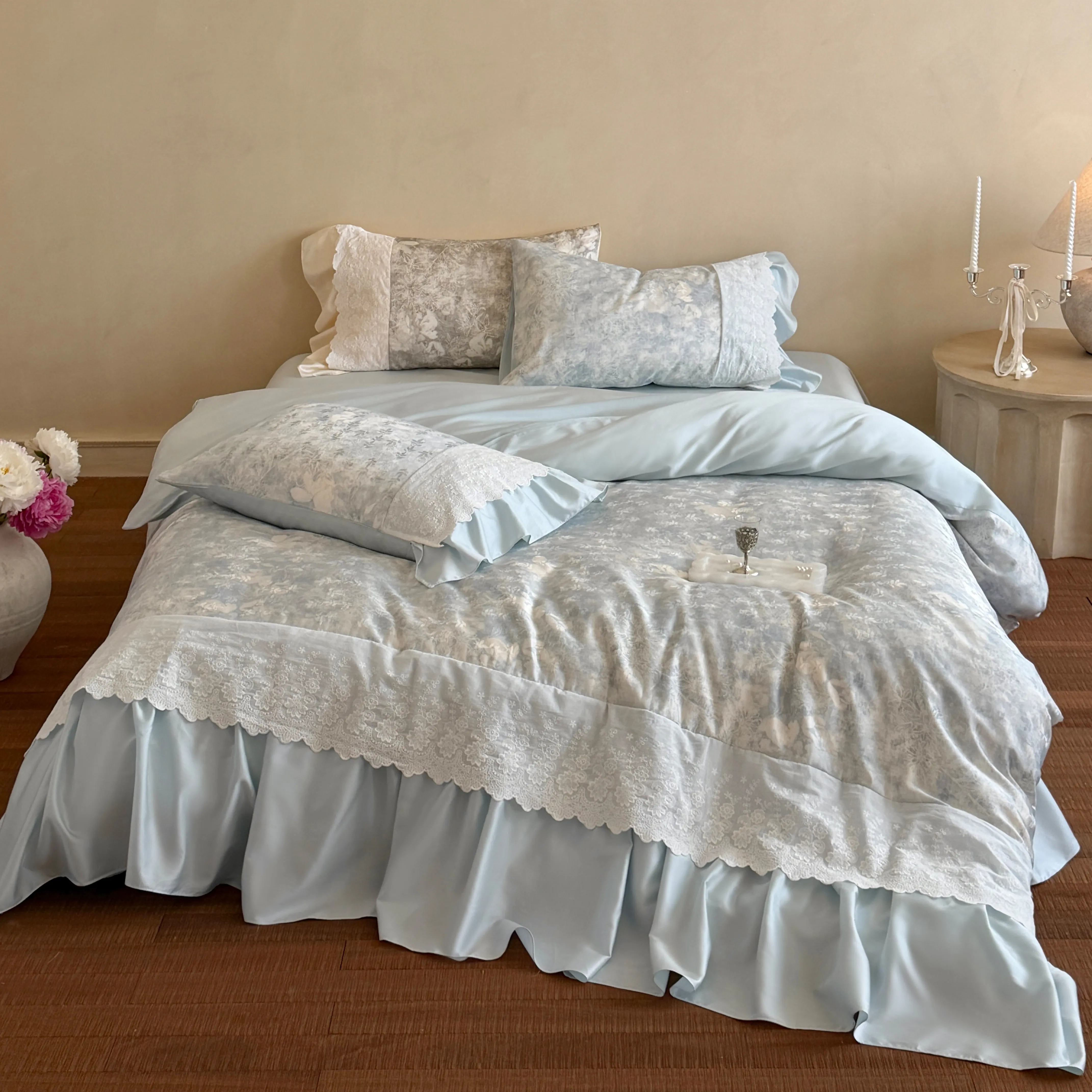 Cottagecore 100s Pure Cotton Floral Print Scalloped Lace Ruffle Bedding Set01