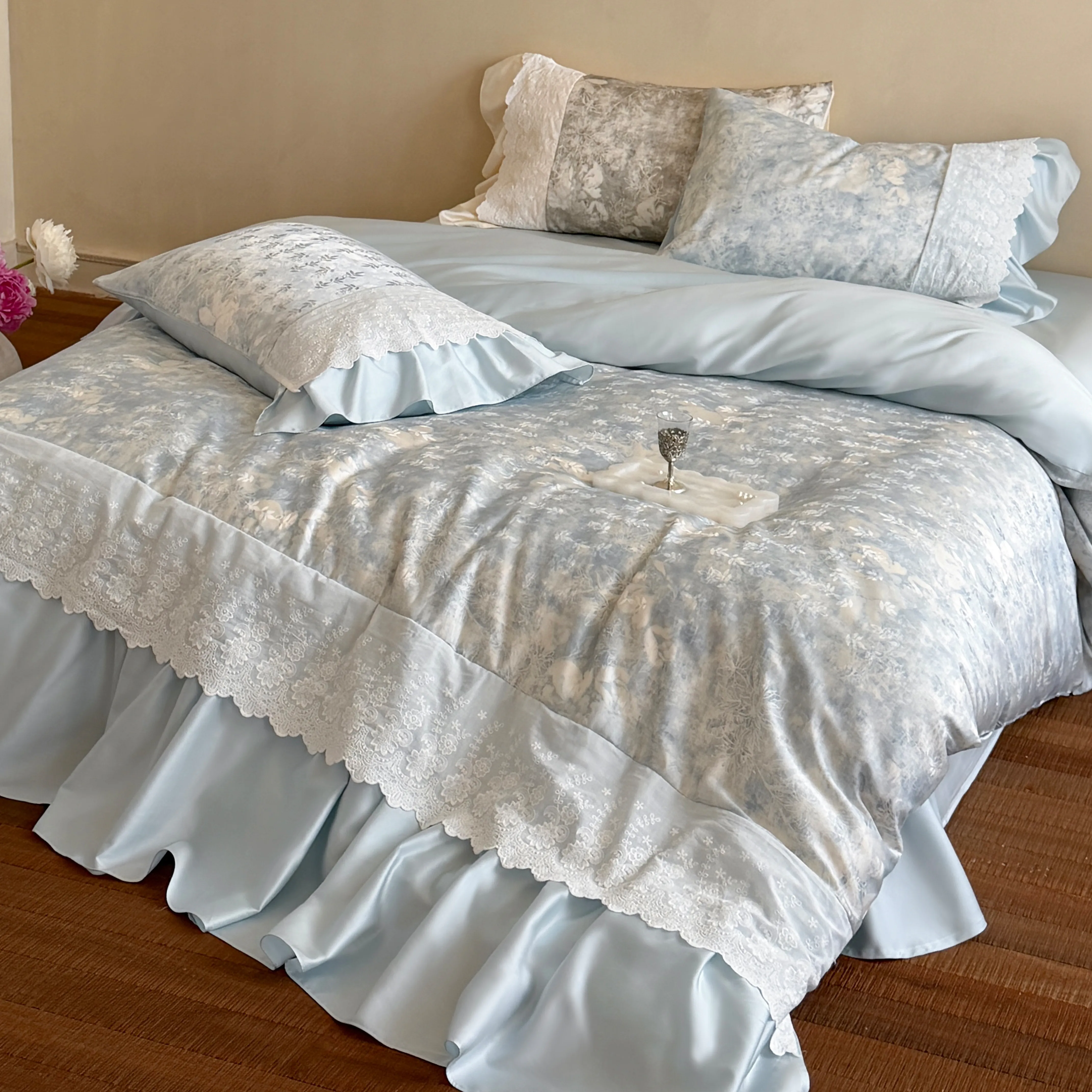 Cottagecore 100s Pure Cotton Floral Print Scalloped Lace Ruffle Bedding Set02