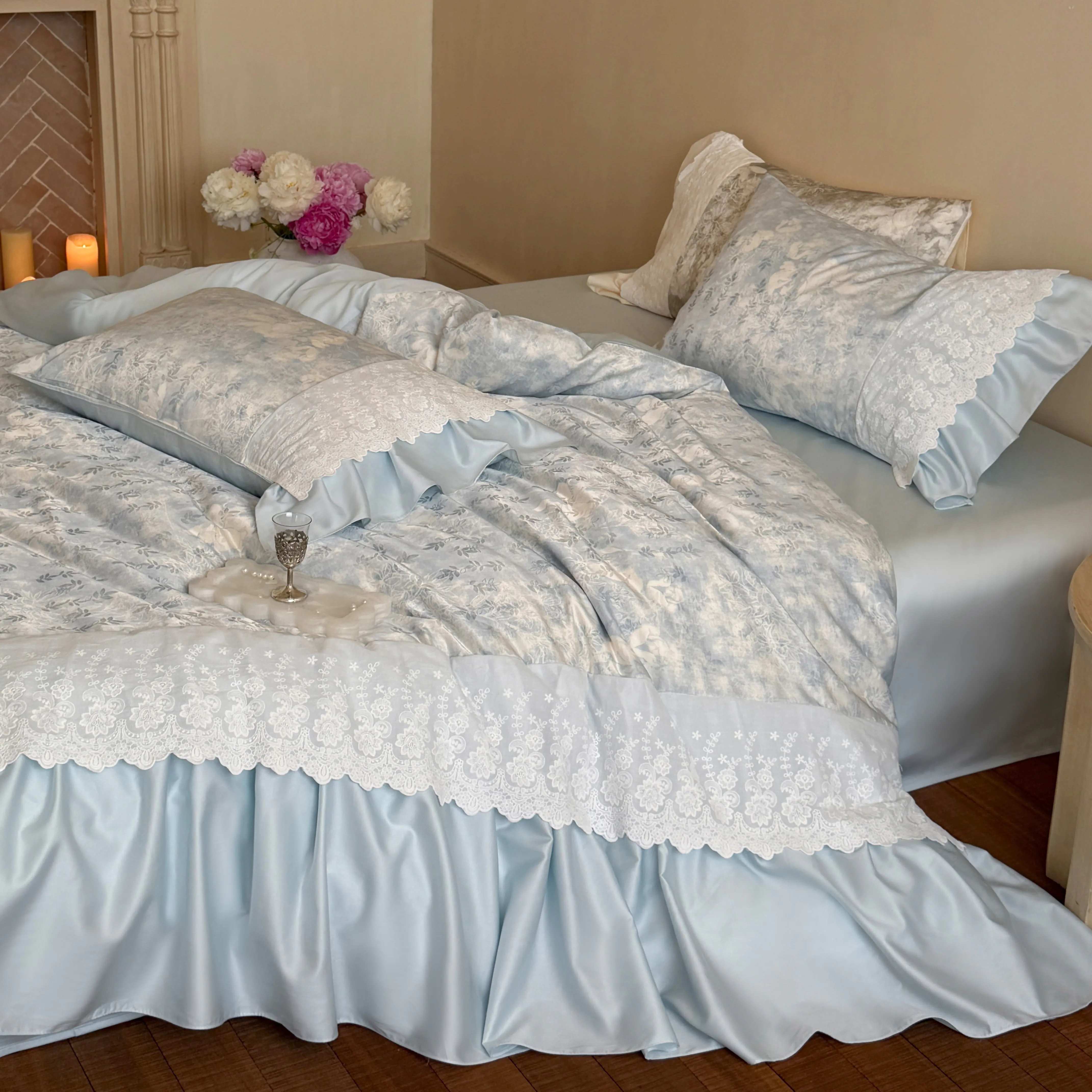 Cottagecore 100s Pure Cotton Floral Print Scalloped Lace Ruffle Bedding Set05 Cottagecore 100s Pure Cotton Floral Print Scalloped Lace Ruffle Bedding Set05