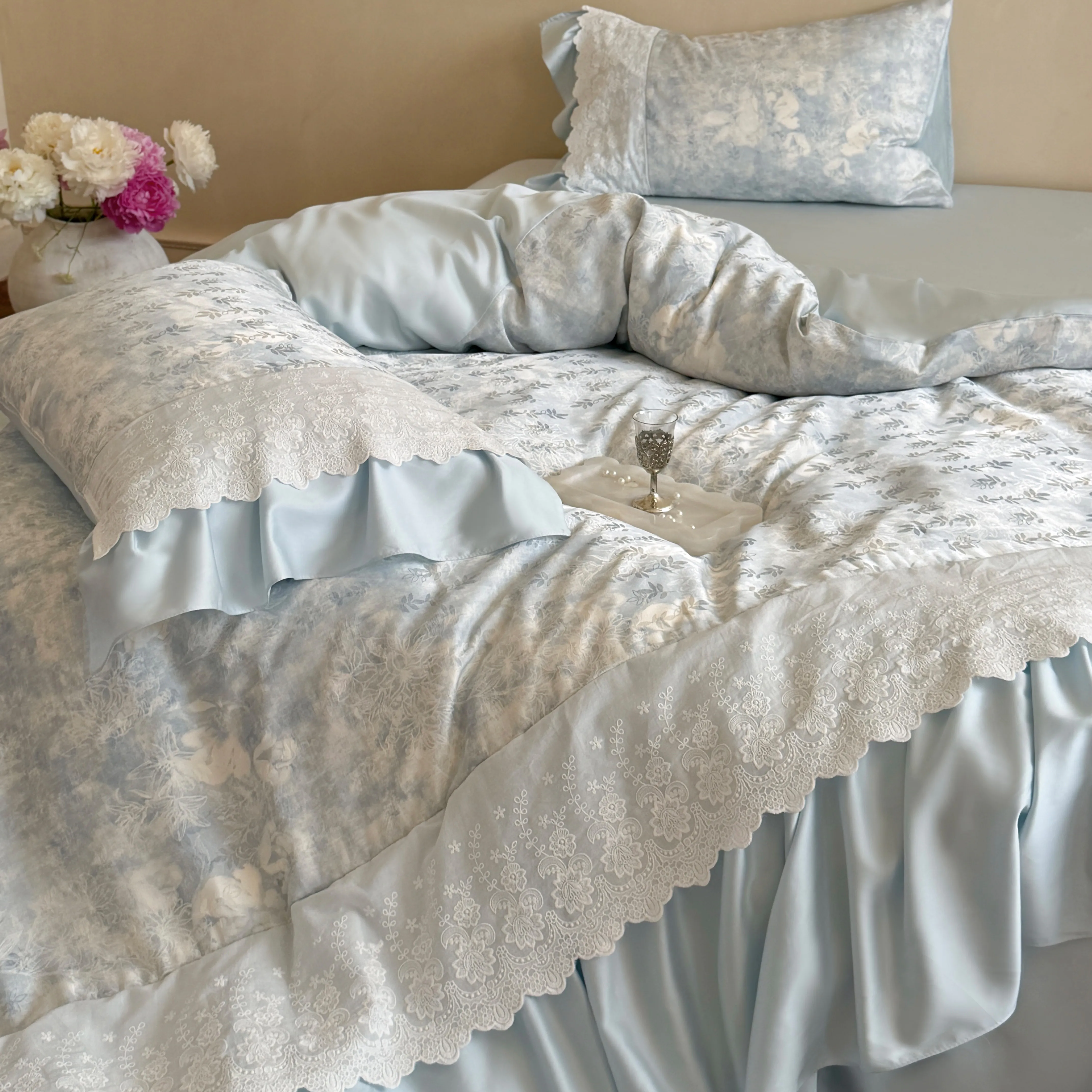 Cottagecore 100s Pure Cotton Floral Print Scalloped Lace Ruffle Bedding Set08 Cottagecore 100s Pure Cotton Floral Print Scalloped Lace Ruffle Bedding Set08