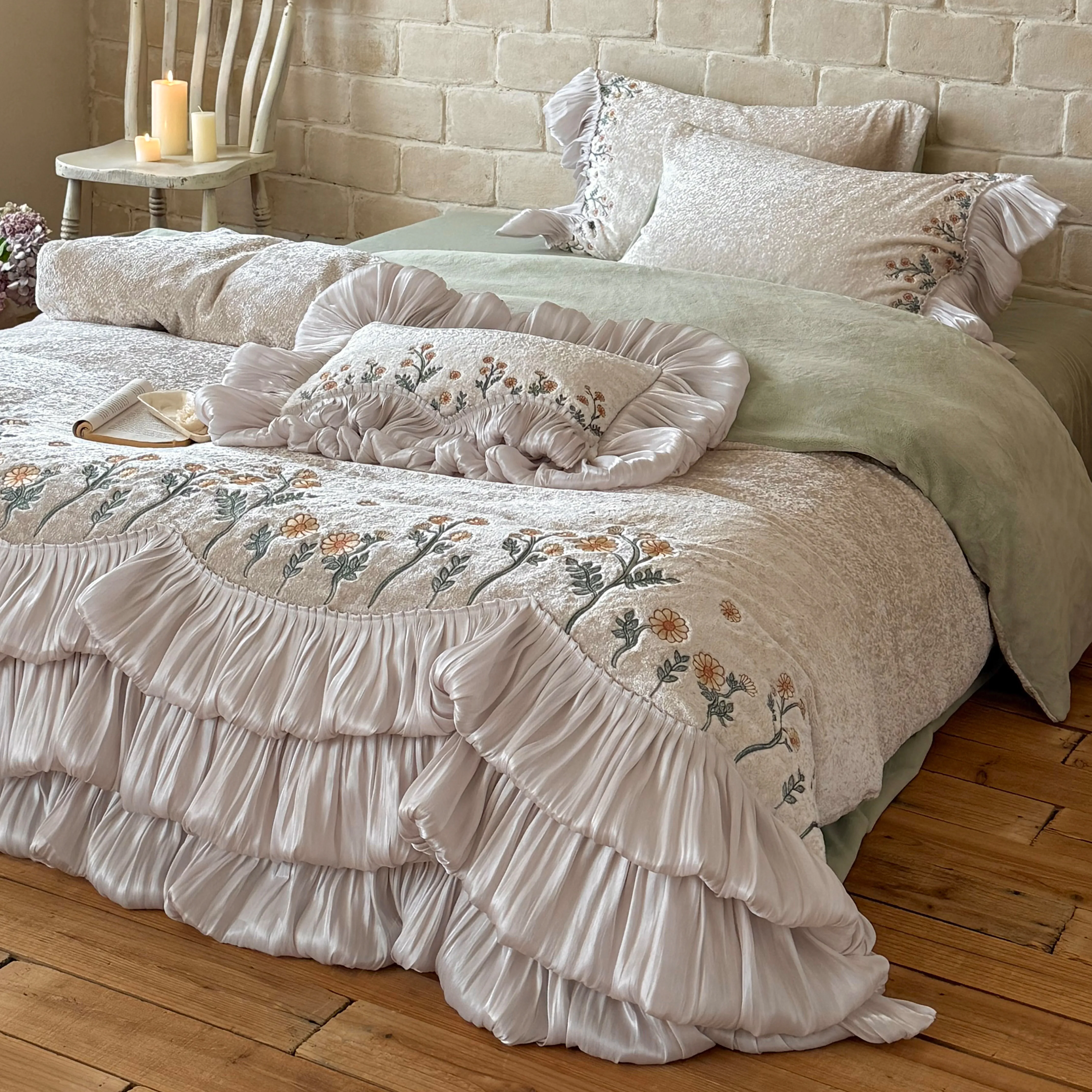 Cottagecore Wildflower Embroidery High-Weight Milk Velvet Fleece Bedding Set04 Cottagecore Wildflower Embroidery High Weight Milk Velvet Fleece Bedding Set04