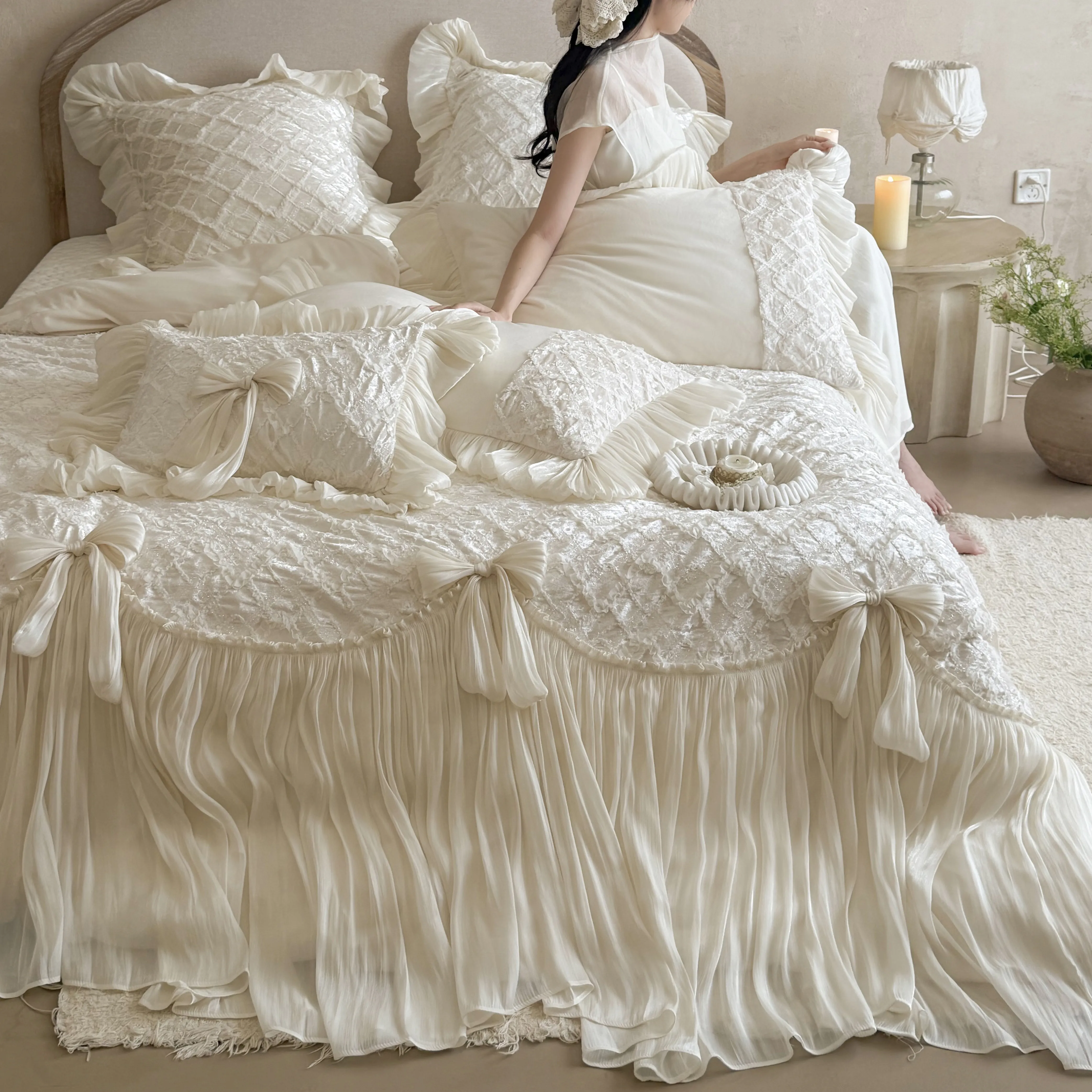 European Princess Style Embroidered Velvet Crinkle Pleated Bedspread Set04 European Princess Style Embroidered Velvet Crinkle Pleated Bedspread Set04