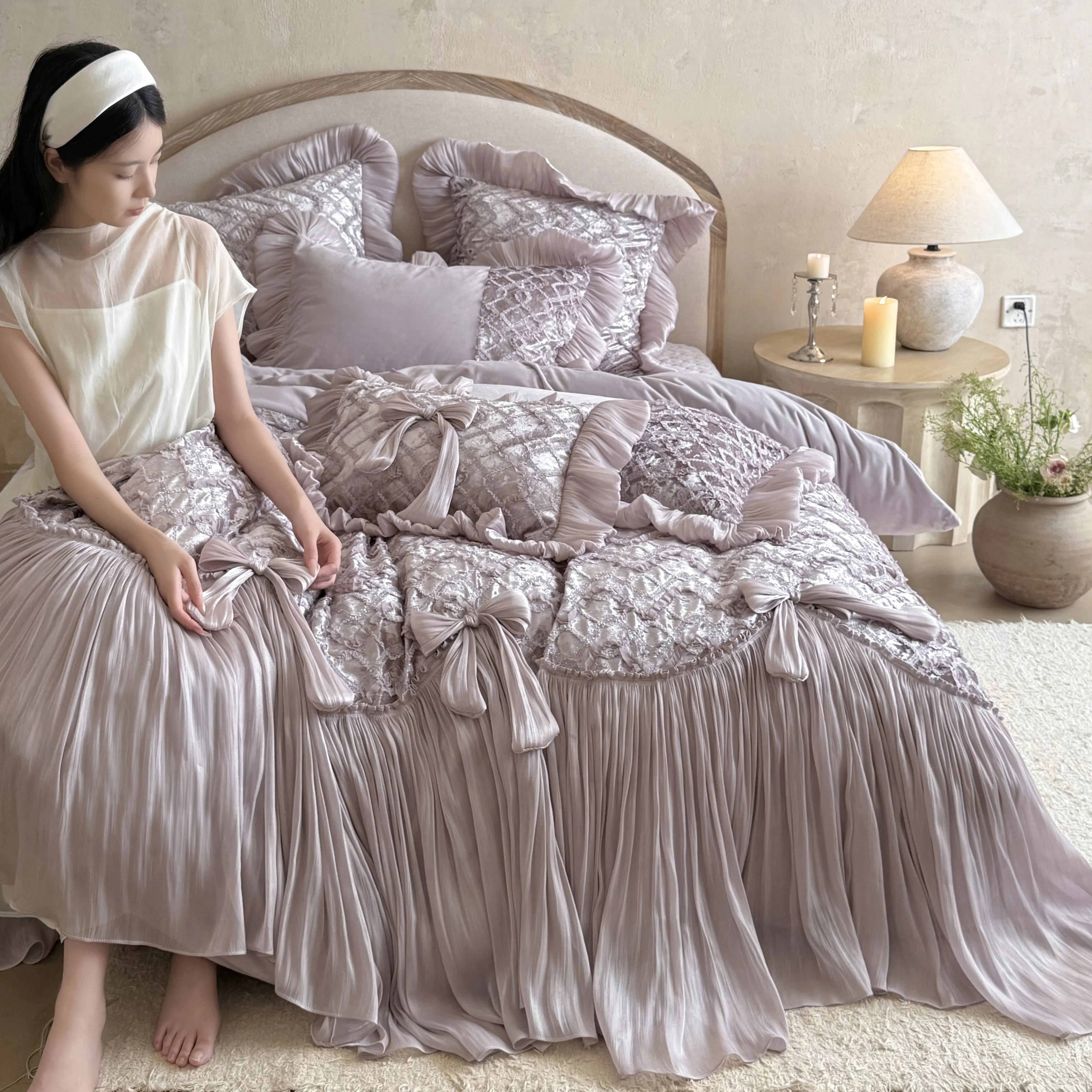 European Princess Style Embroidered Velvet Crinkle Pleated Bedspread Set13 European Princess Style Embroidered Velvet Crinkle Pleated Bedspread Set13