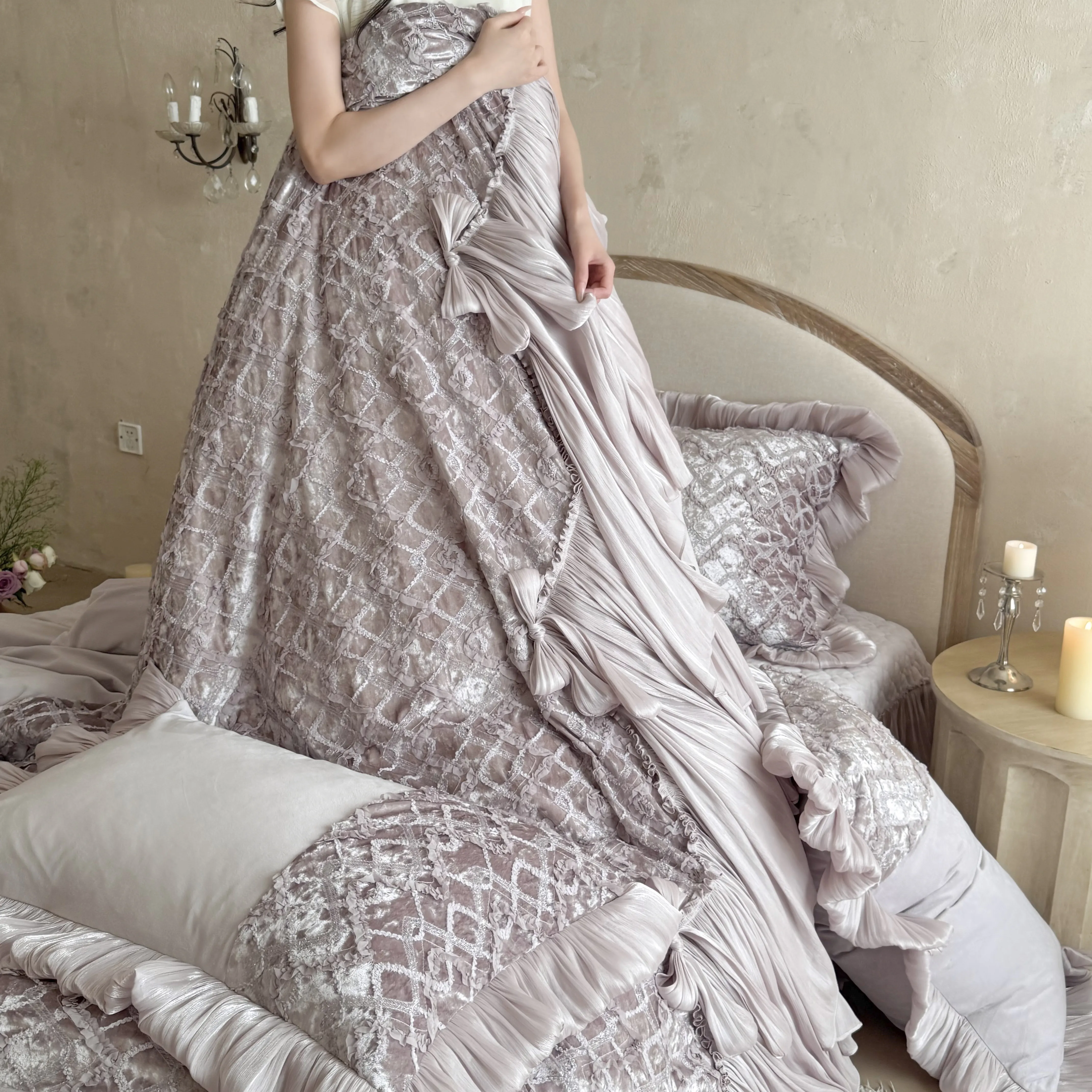 European Princess Style Embroidered Velvet Crinkle Pleated Bedspread Set18 European Princess Style Embroidered Velvet Crinkle Pleated Bedspread Set18