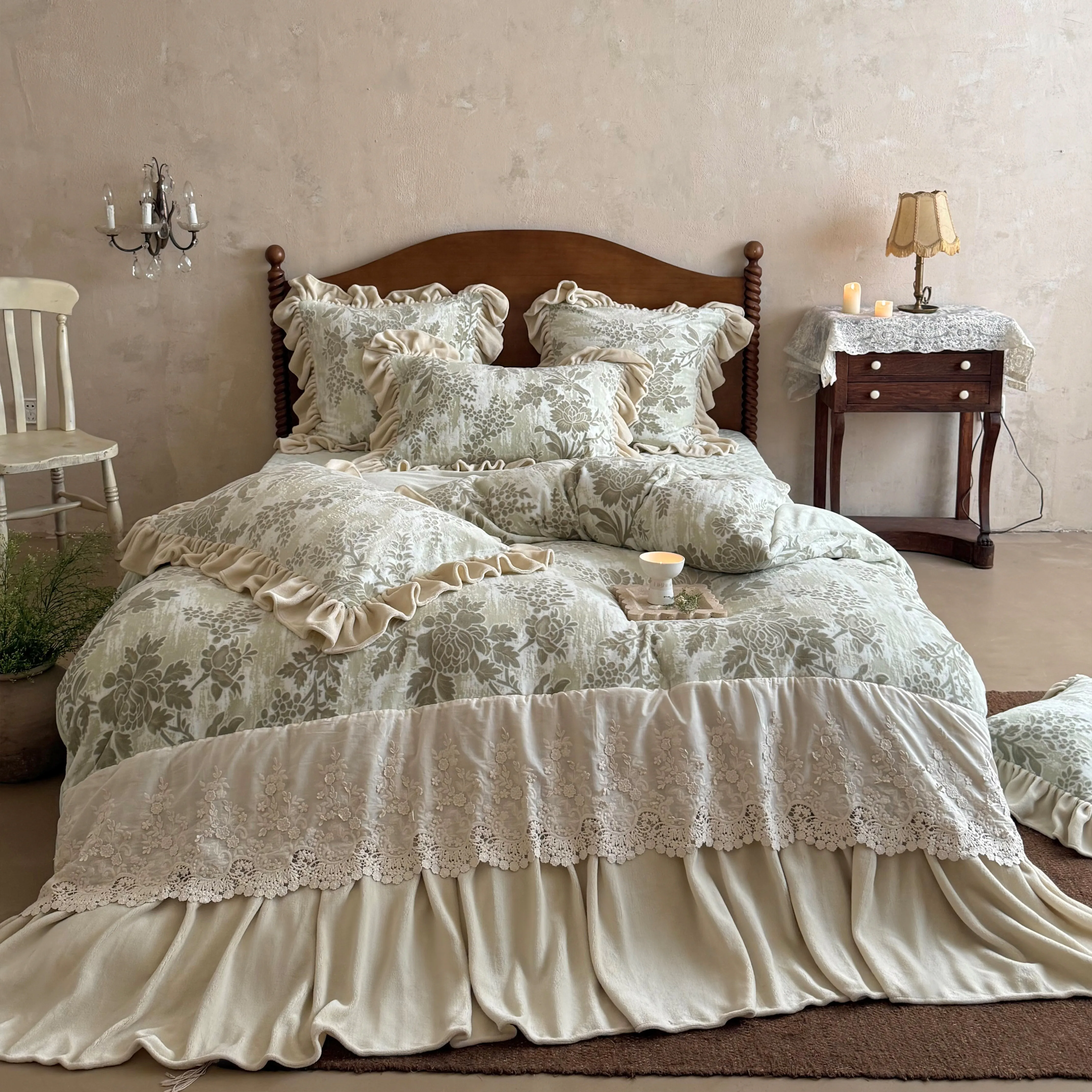 French Country Botanical Floral Carved Velvet Lace Trim Ruffle Bedding Set01