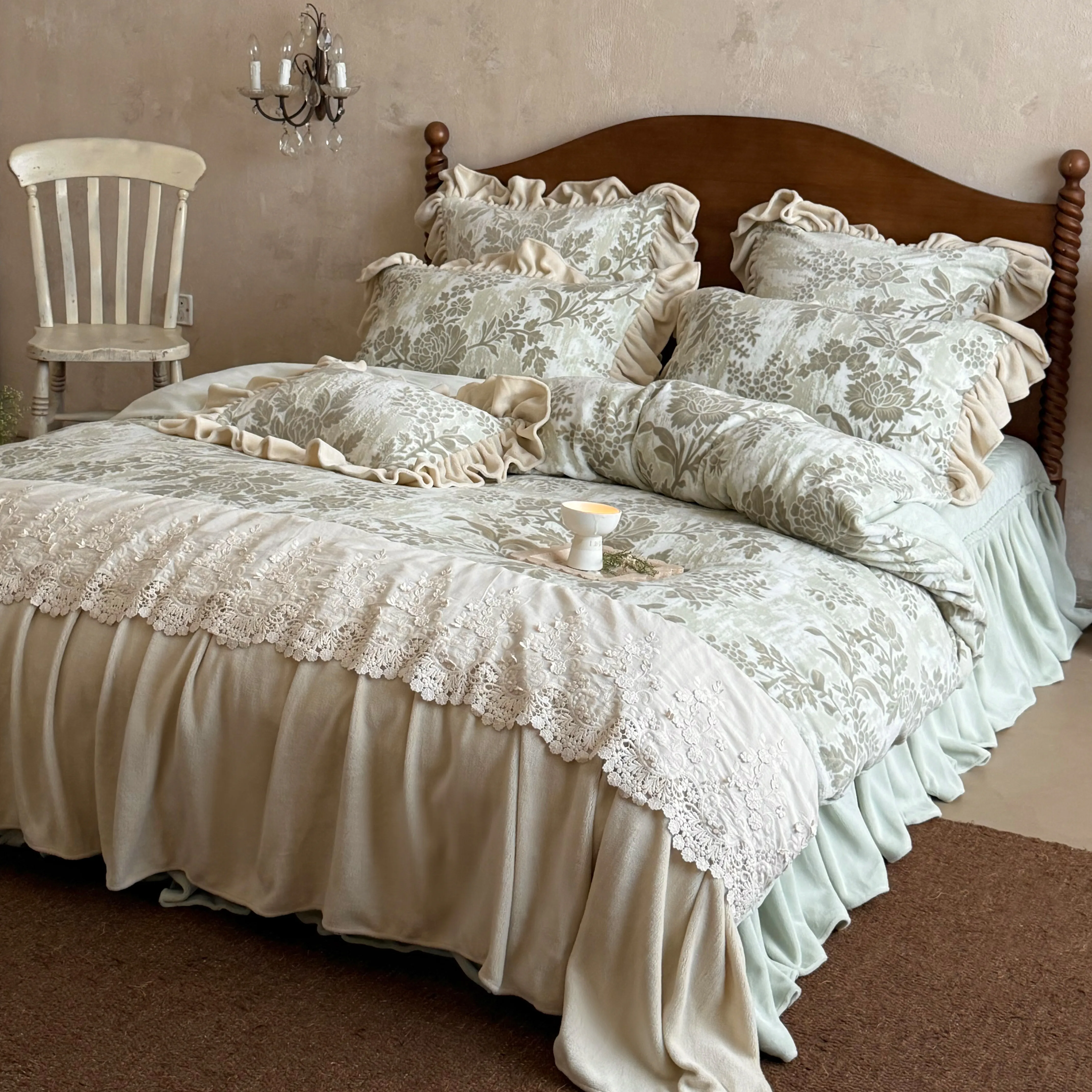 French Country Botanical Floral Carved Velvet Lace Trim Ruffle Bedding Set02