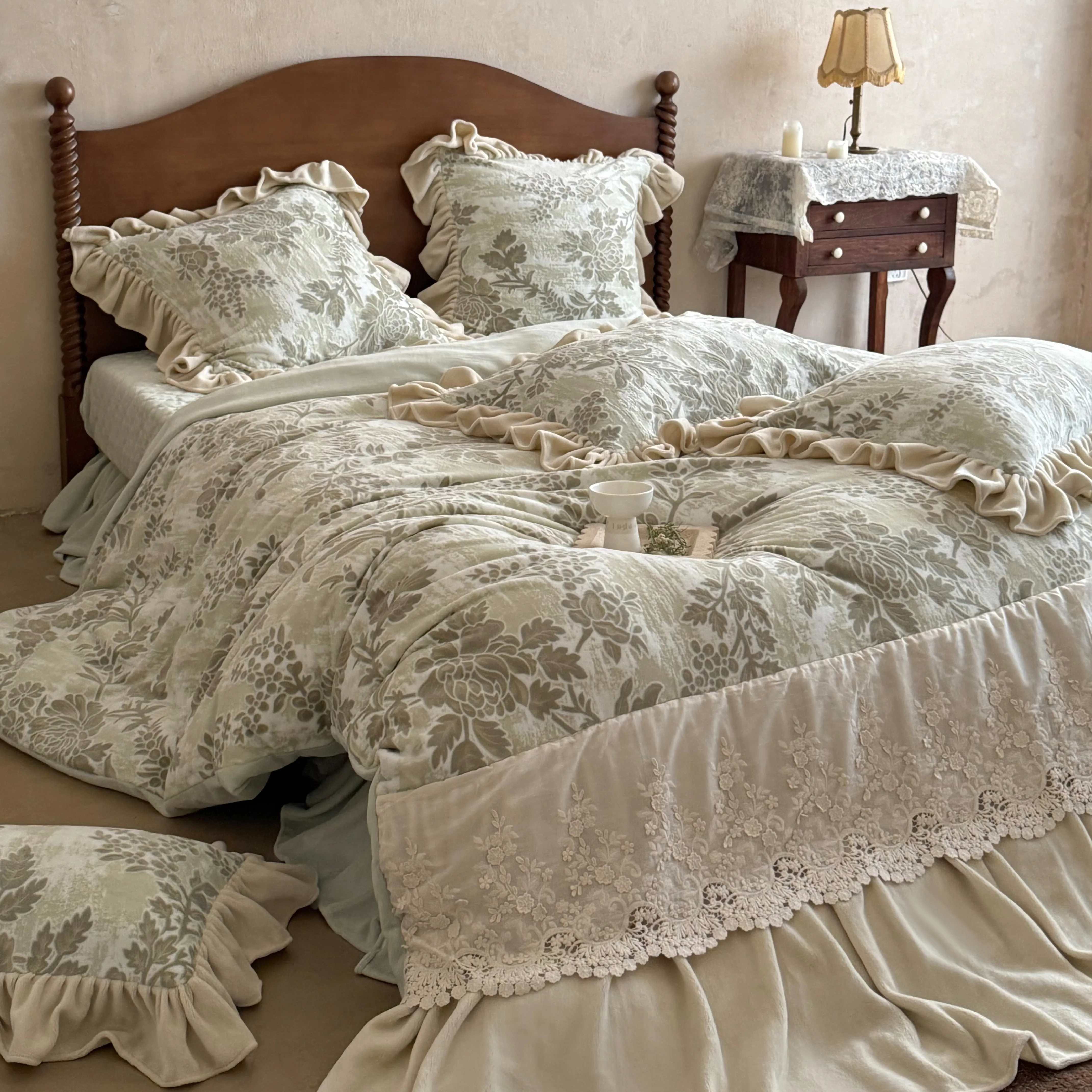 French Country Botanical Floral Carved Velvet Lace Trim Ruffle Bedding Set03 French Country Botanical Floral Carved Velvet Lace Trim Ruffle Bedding Set03