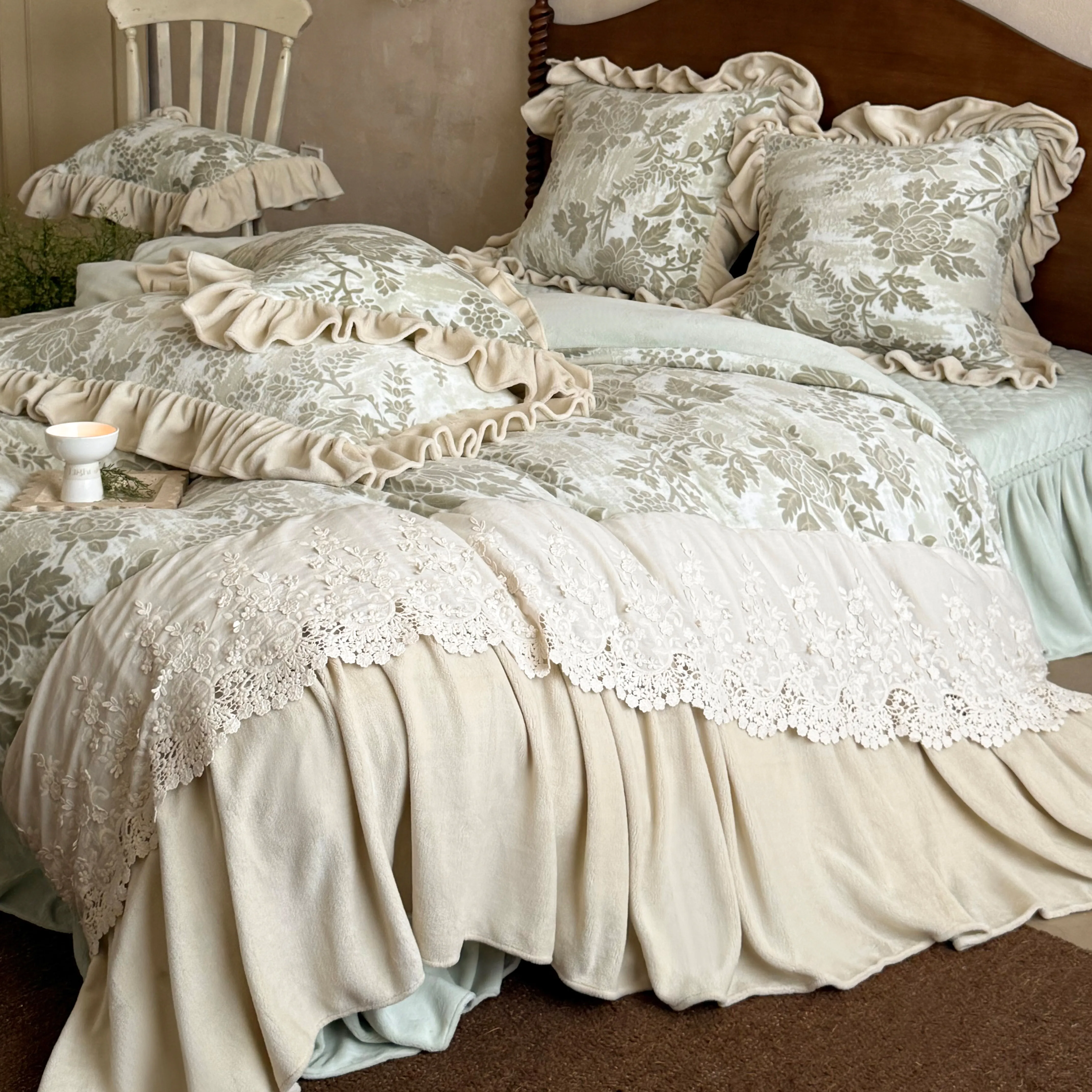 French Country Botanical Floral Carved Velvet Lace Trim Ruffle Bedding Set04 French Country Botanical Floral Carved Velvet Lace Trim Ruffle Bedding Set04