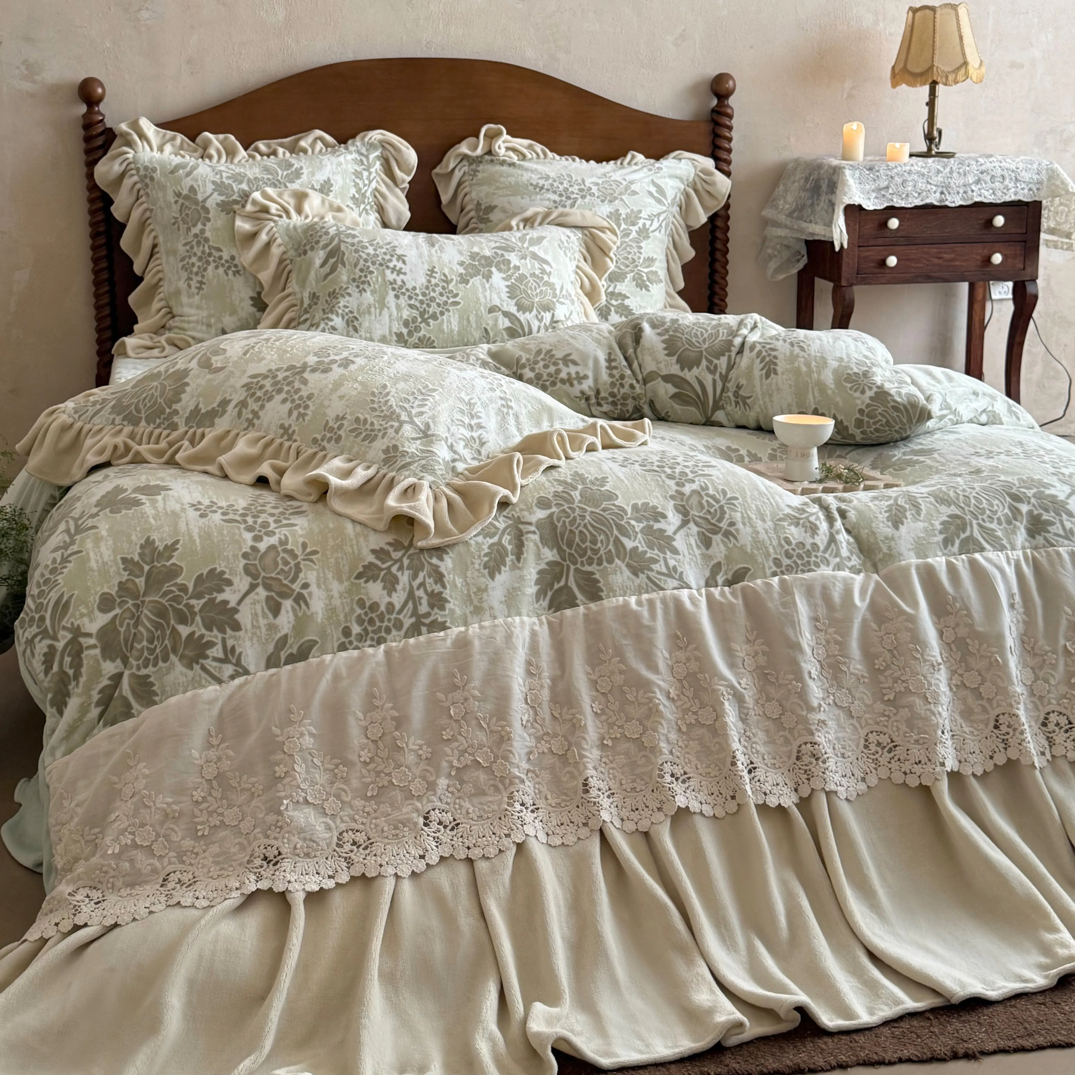 French Country Botanical Floral Carved Velvet Lace Trim Ruffle Bedding Set05 French Country Botanical Floral Carved Velvet Lace Trim Ruffle Bedding Set05