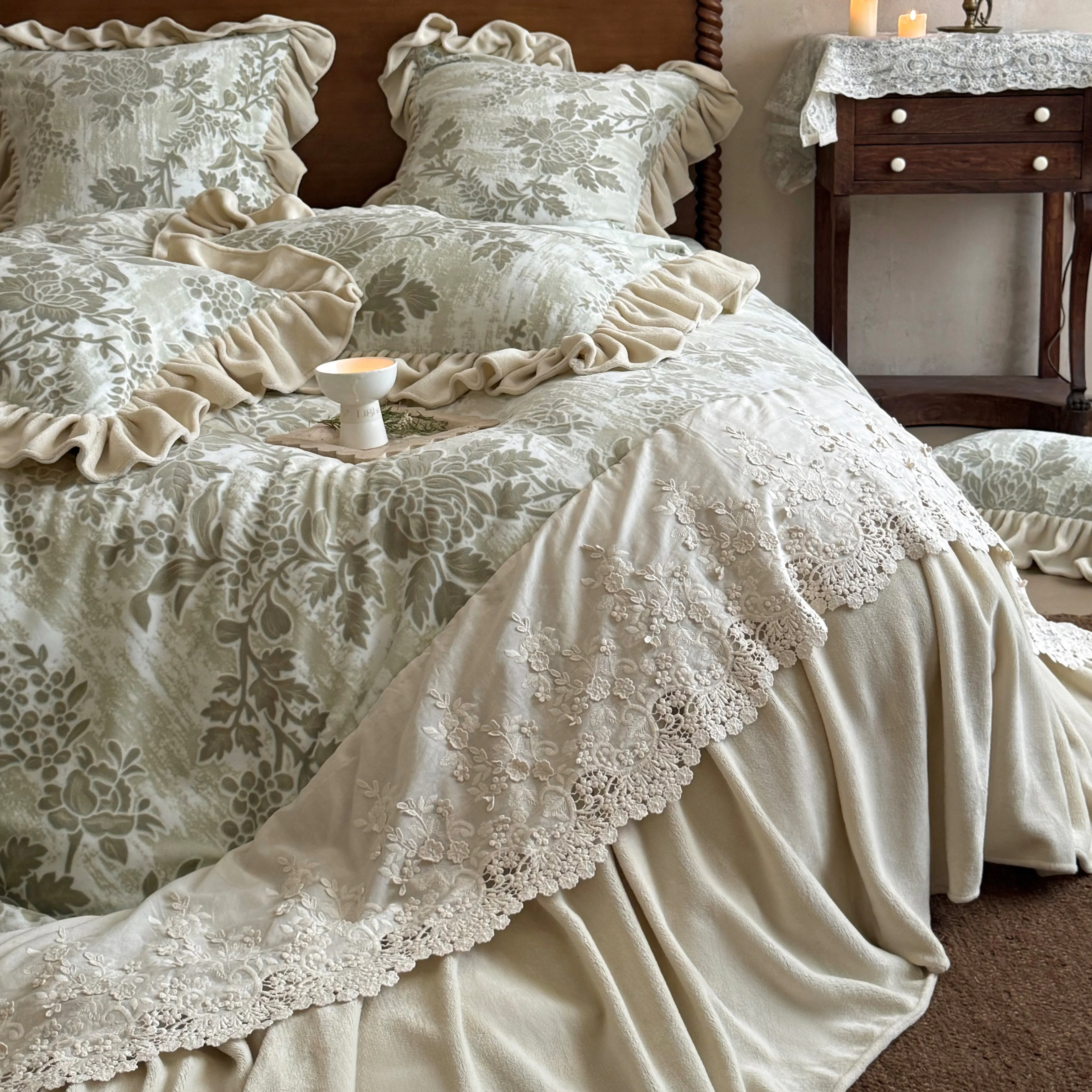 French Country Botanical Floral Carved Velvet Lace Trim Ruffle Bedding Set06 French Country Botanical Floral Carved Velvet Lace Trim Ruffle Bedding Set06
