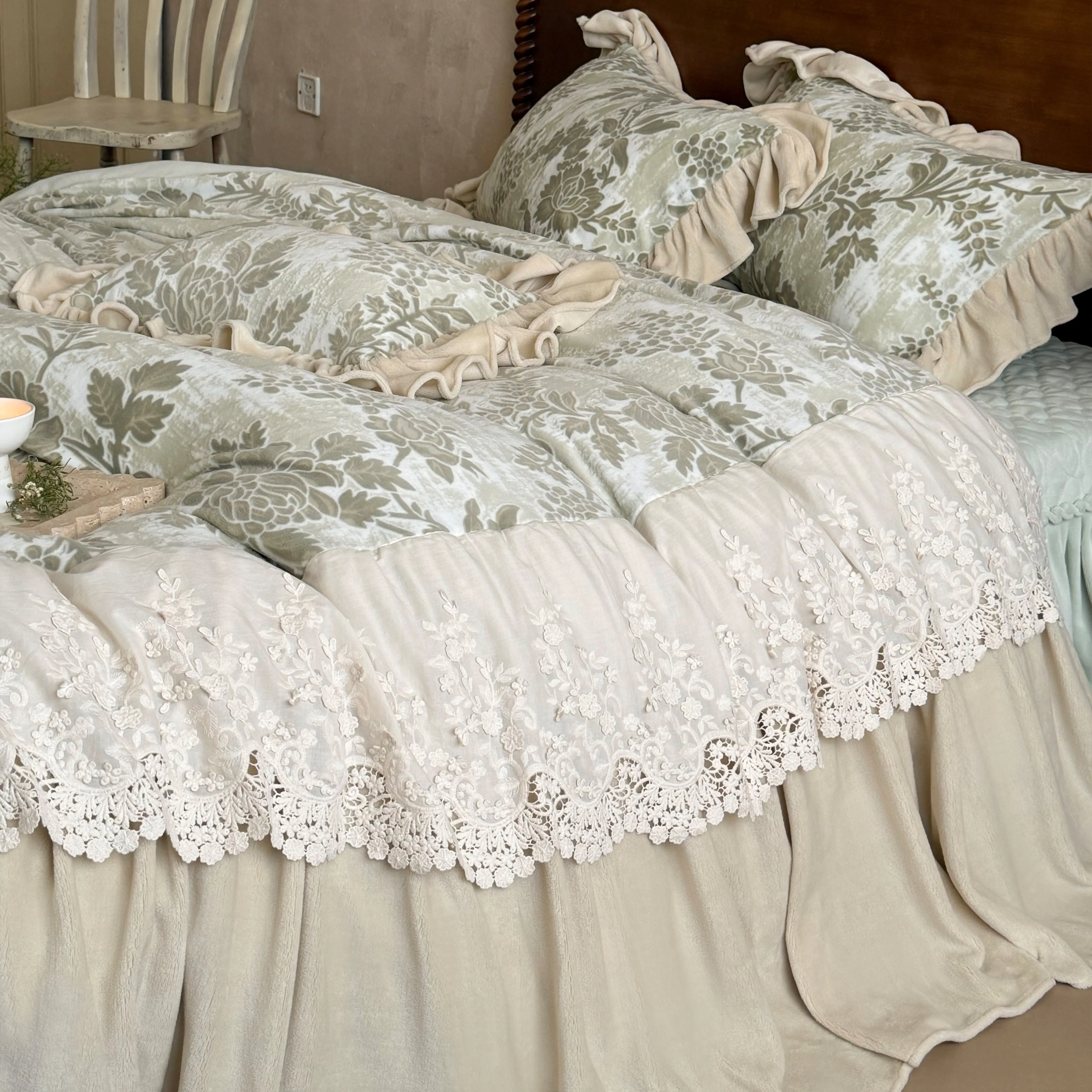 French Country Botanical Floral Carved Velvet Lace Trim Ruffle Bedding Set08 French Country Botanical Floral Carved Velvet Lace Trim Ruffle Bedding Set08