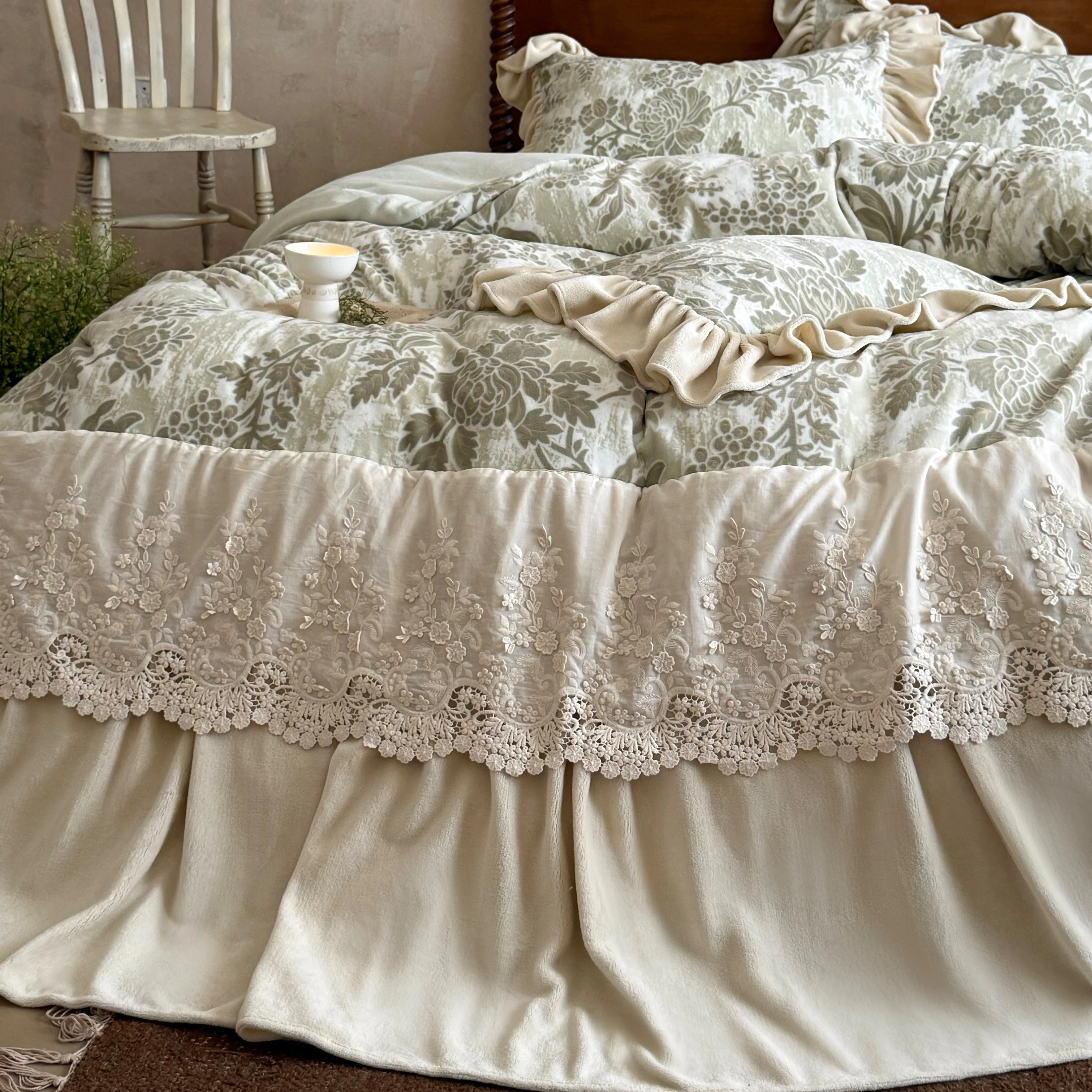 French Country Botanical Floral Carved Velvet Lace Trim Ruffle Bedding Set10 French Country Botanical Floral Carved Velvet Lace Trim Ruffle Bedding Set10